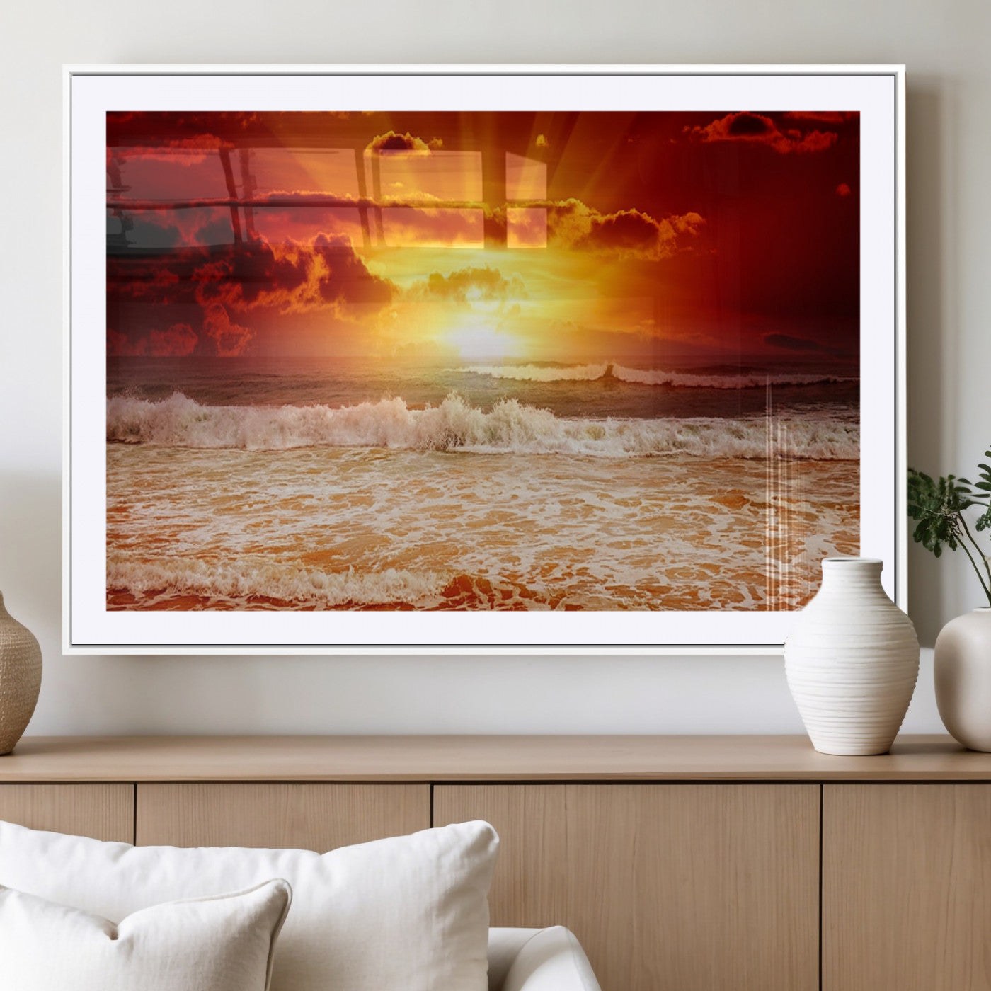 MGC-FP-36x24 - Red Sunset Ocean Beach Canvas Wall Art Beach Canvas, Coastal Sunset Print