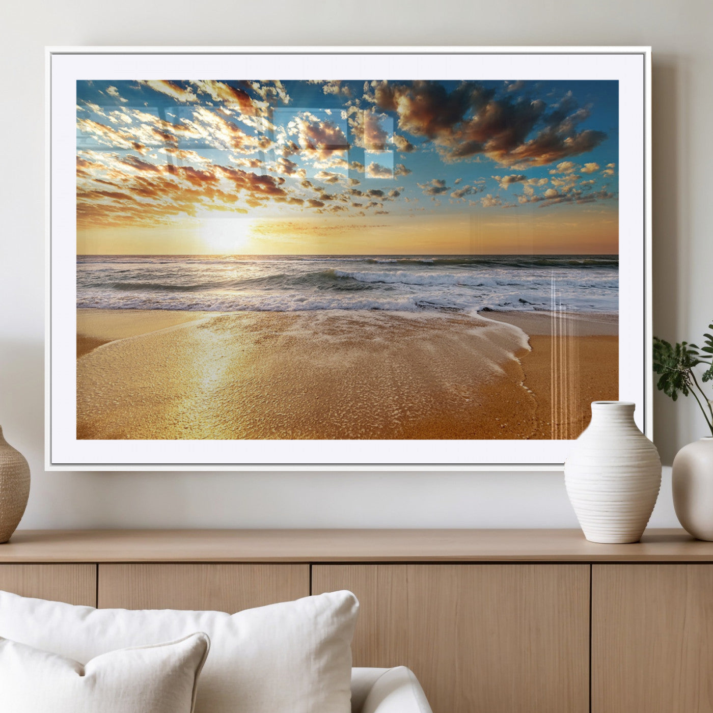 MGC-FP-36x24 - Golden Sunset Beach Print Canvas Wall Art, Giclee Canvas Print with Canon Print Quality, Triptych