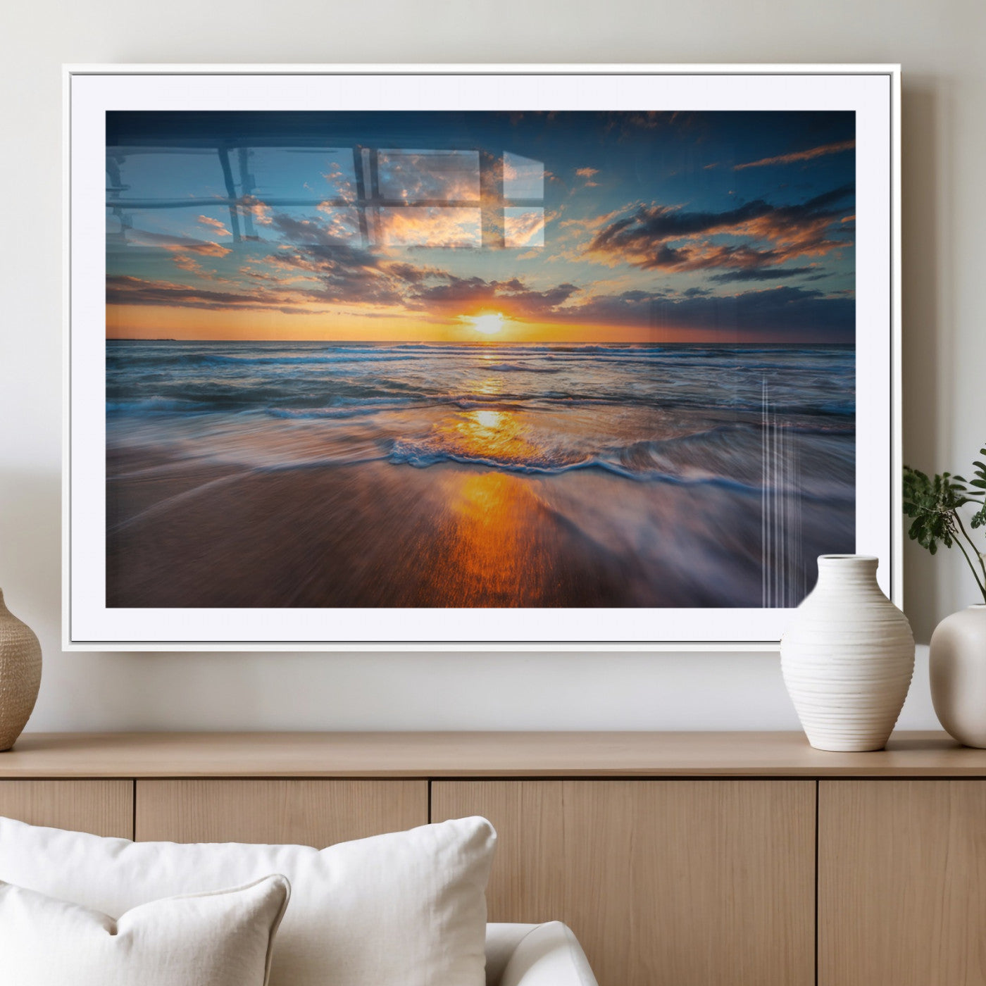 MGC-FP-36x24 - Sunset on the Ocean Beach with Waves, Reflections on Sand, Coastal Wall Art Print, Beach Wall Art,