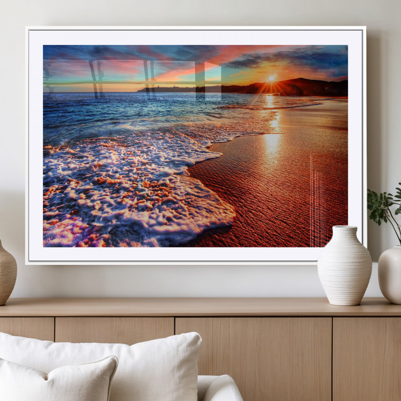 MGC-FP-36x24 - Colorful Coastal Sunset on the Beach Canvas Print, Ocean Waves Crashing at Dusk, Multi-Panel