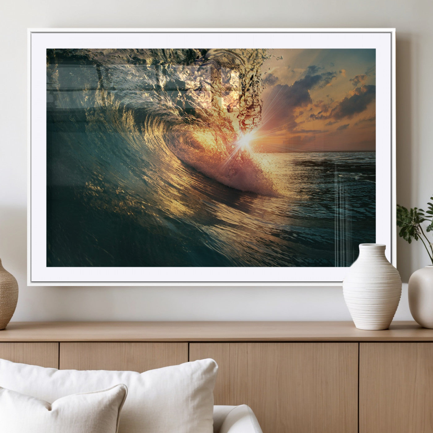 MGC-FP-36x24 - Ocean Wave Sunset Canvas Wall Art – Triptych Seascape Print – Framed and Ready to Hang for Living