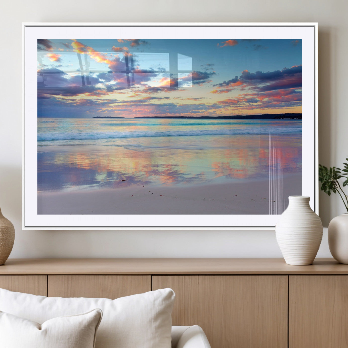 MGC-FP-36x24 - Tranquil Pastel Sunset Beach Triptych Canvas Art, Soothing Coastal Ocean Shoreline Giclee Print,