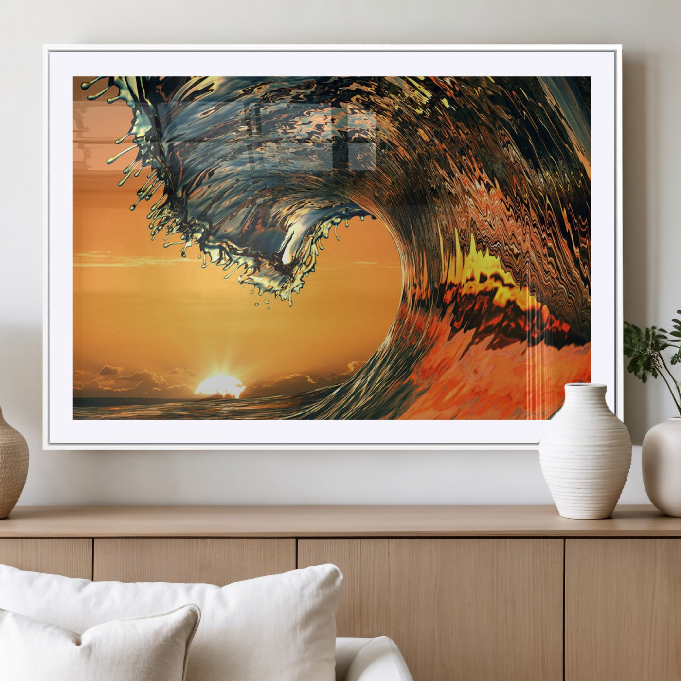 96977-MGC-FP-36x24_White-Surf Wave Sunset Canvas Wall Art Print, 3-Panel Ocean Coastal Wall Art Print, Ocean Decor for