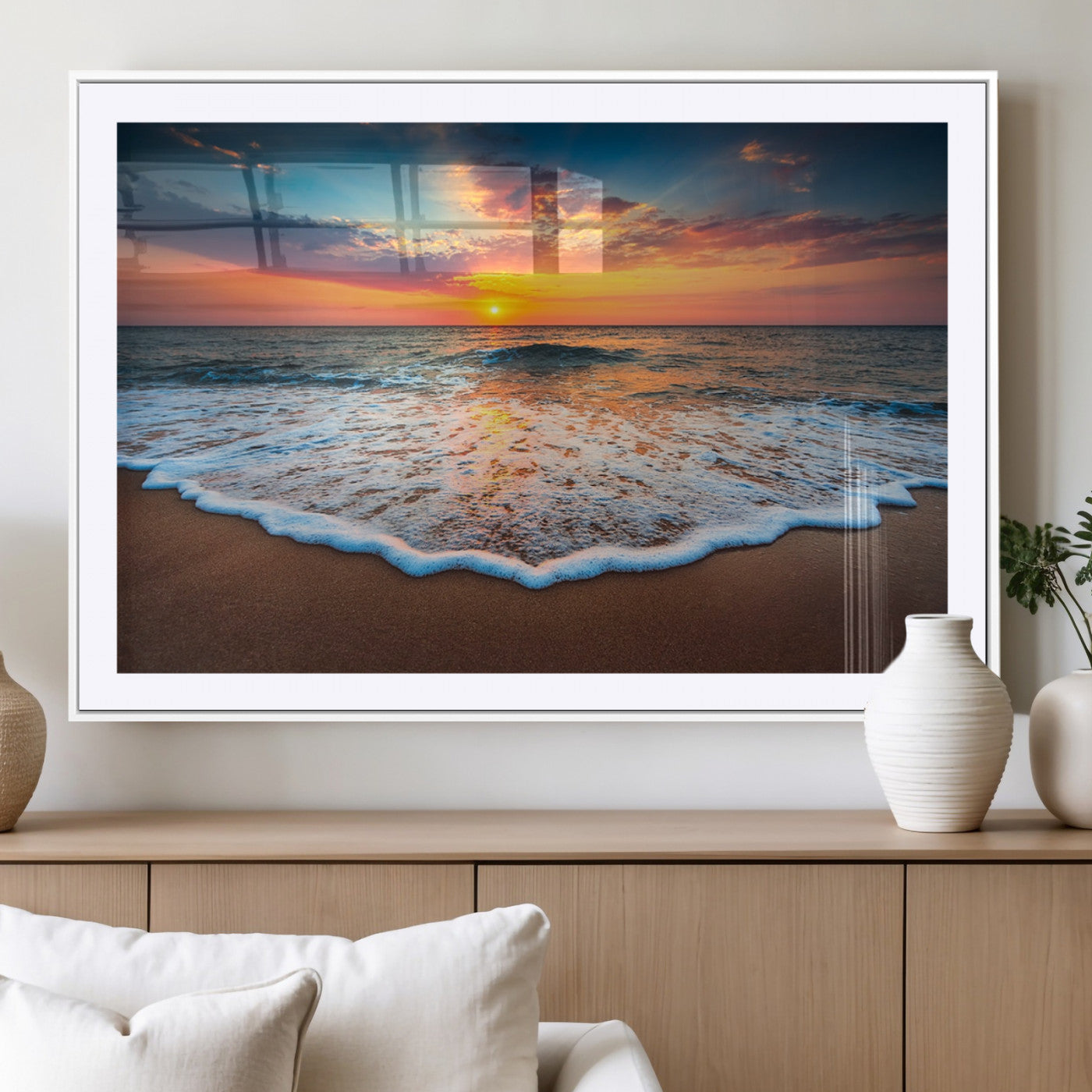 MGC-FP-36x24 - Sunset Beach Canvas Wall Art – Colorful Ocean Waves Triptych – Coastal Decor for Living Room or