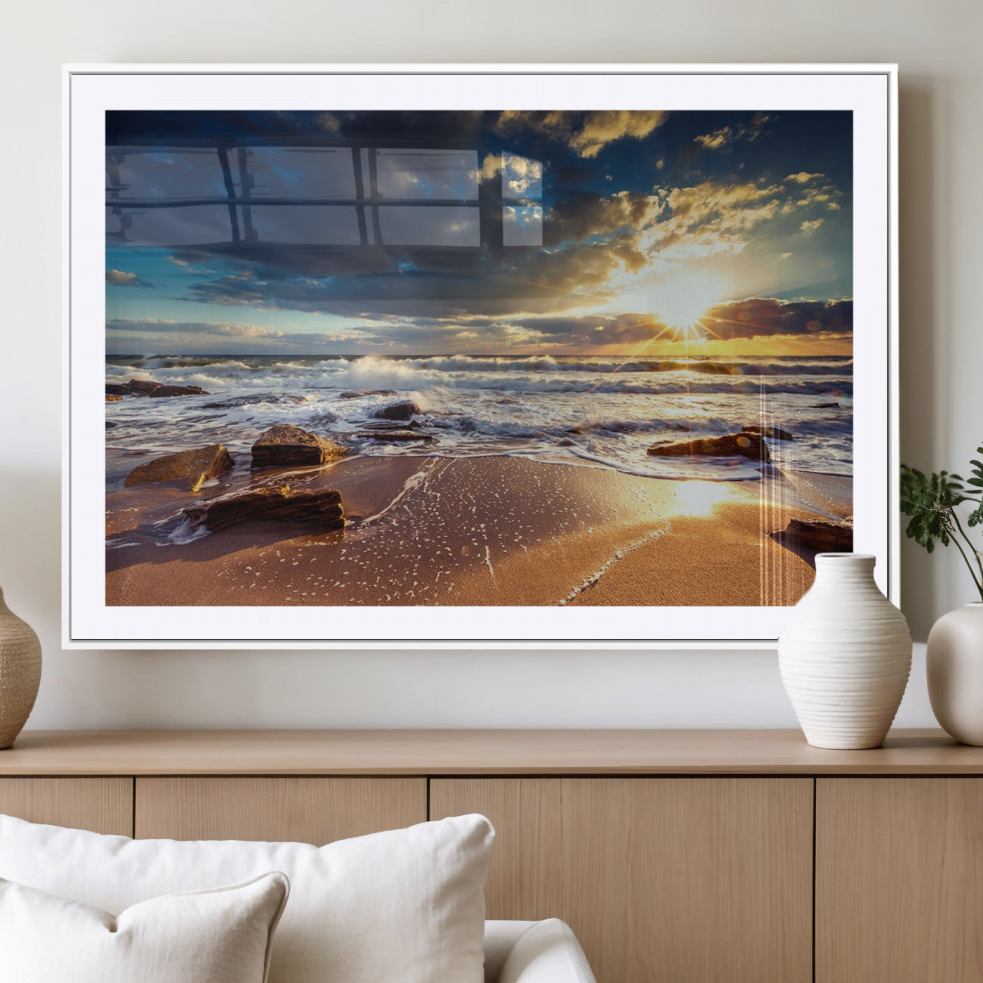 MGC-FP-36x24 - Golden Hour Beach Sunset Canvas Triptych, Ocean Waves and Rocks Wall Art for Coastal Home Decor
