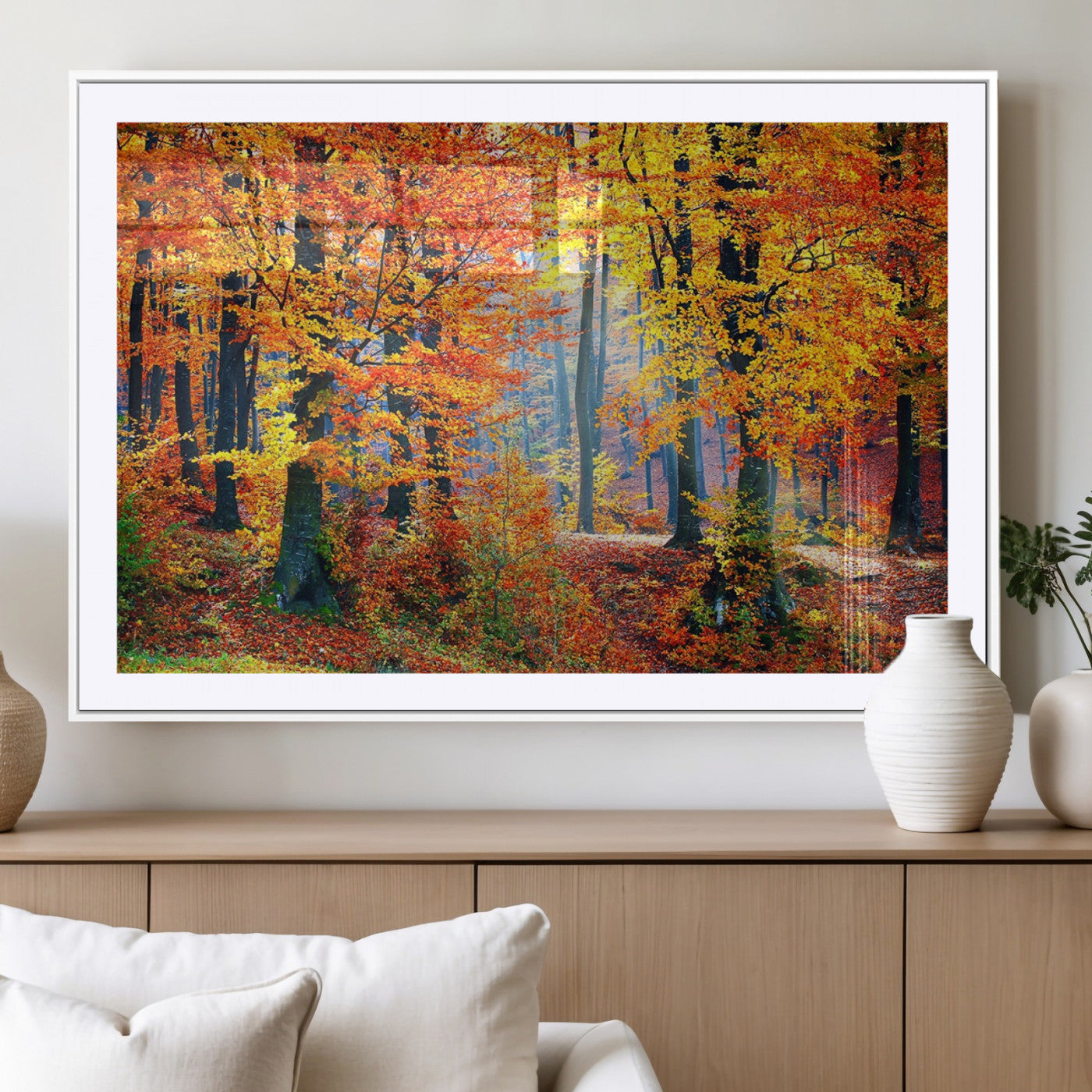 MGC-FP-36x24 - Autumn Red Forest Triptych Canvas Wall Art Print, Forest Wall Decor, Fall Landscape Art | Season