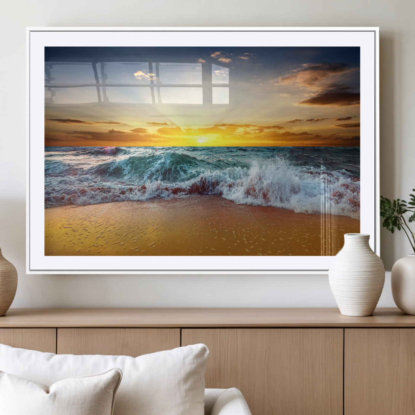 73401-MGC-FP-36x24_White-Golden Sunset Ocean Waves Wall Art Canvas Print – Multi Panel Beach Canvas Print Set – Large Coastal