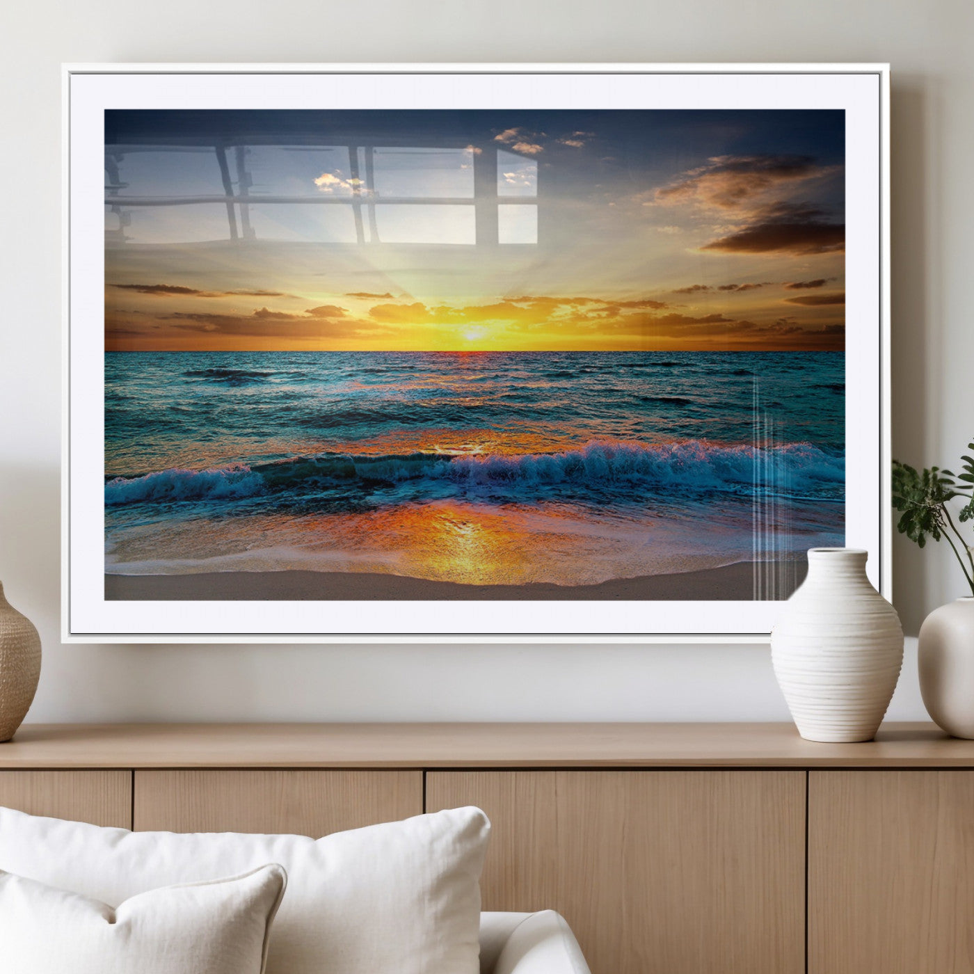 -Vibrant Ocean Sunrise Over Golden Beach Waves, Giclee Canvas Wall Art Set, High-Quality Stretched