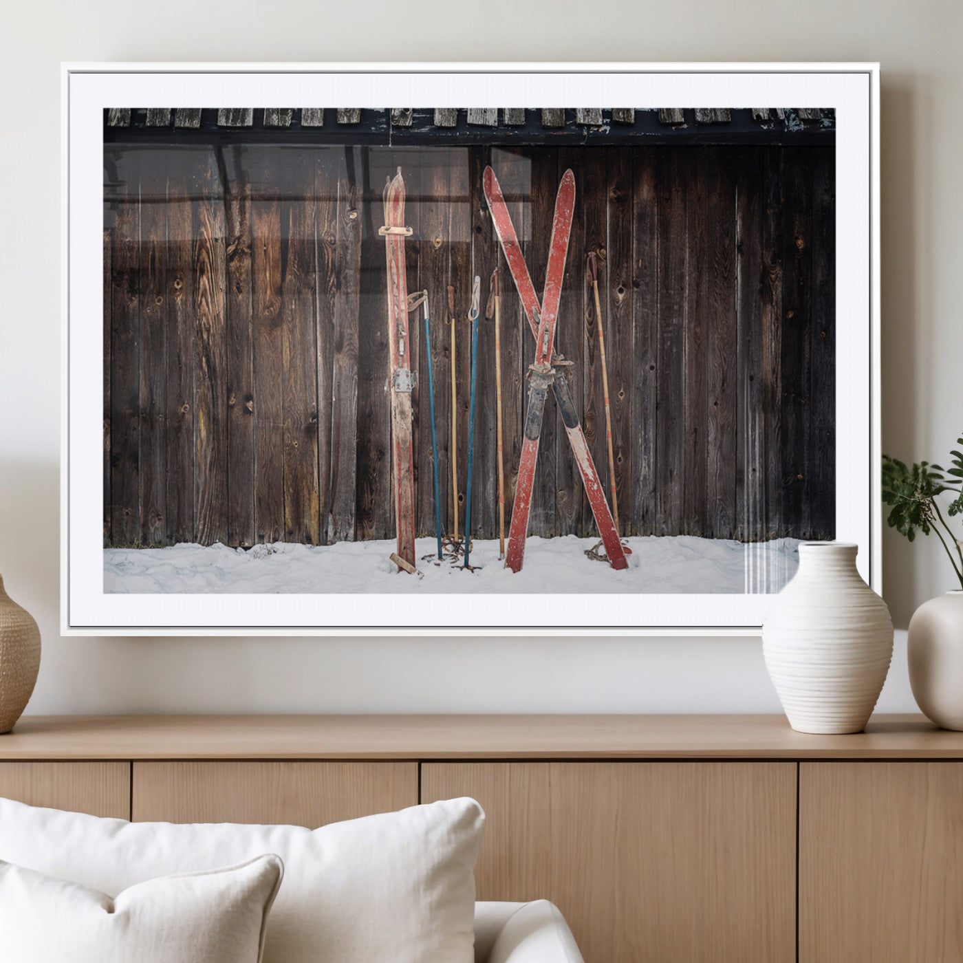 MGC-FP-36x24 - Vintage Ski Gear Canvas Print, Vintage Ski Gear Against Wooden Cabin Wall, Rustic Winter Sports