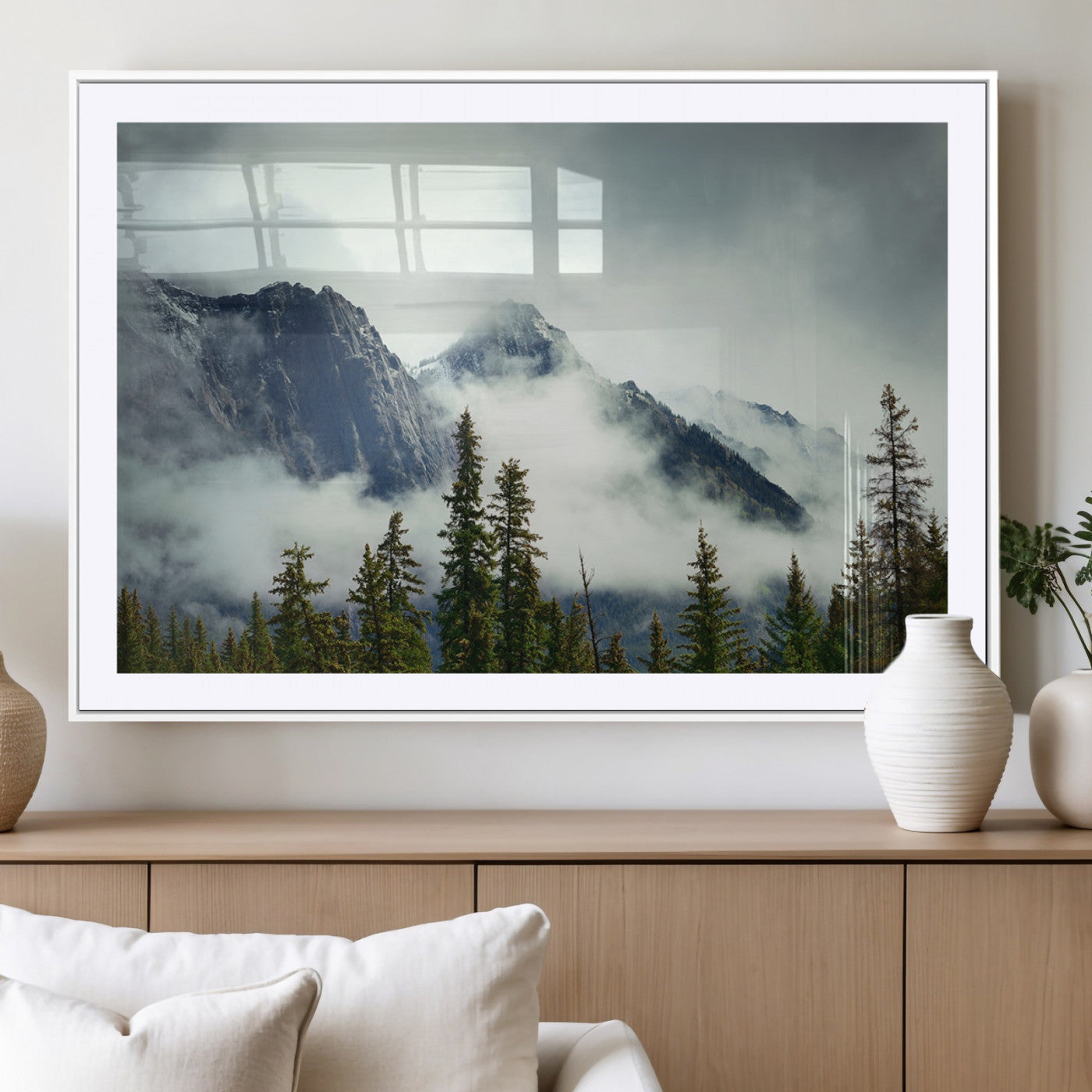 MGC-FP-36x24 - Mountain Mist Canvas Wall Art Print | 3-Panel Foggy Forest and Mountain Landscape | Large Giclee