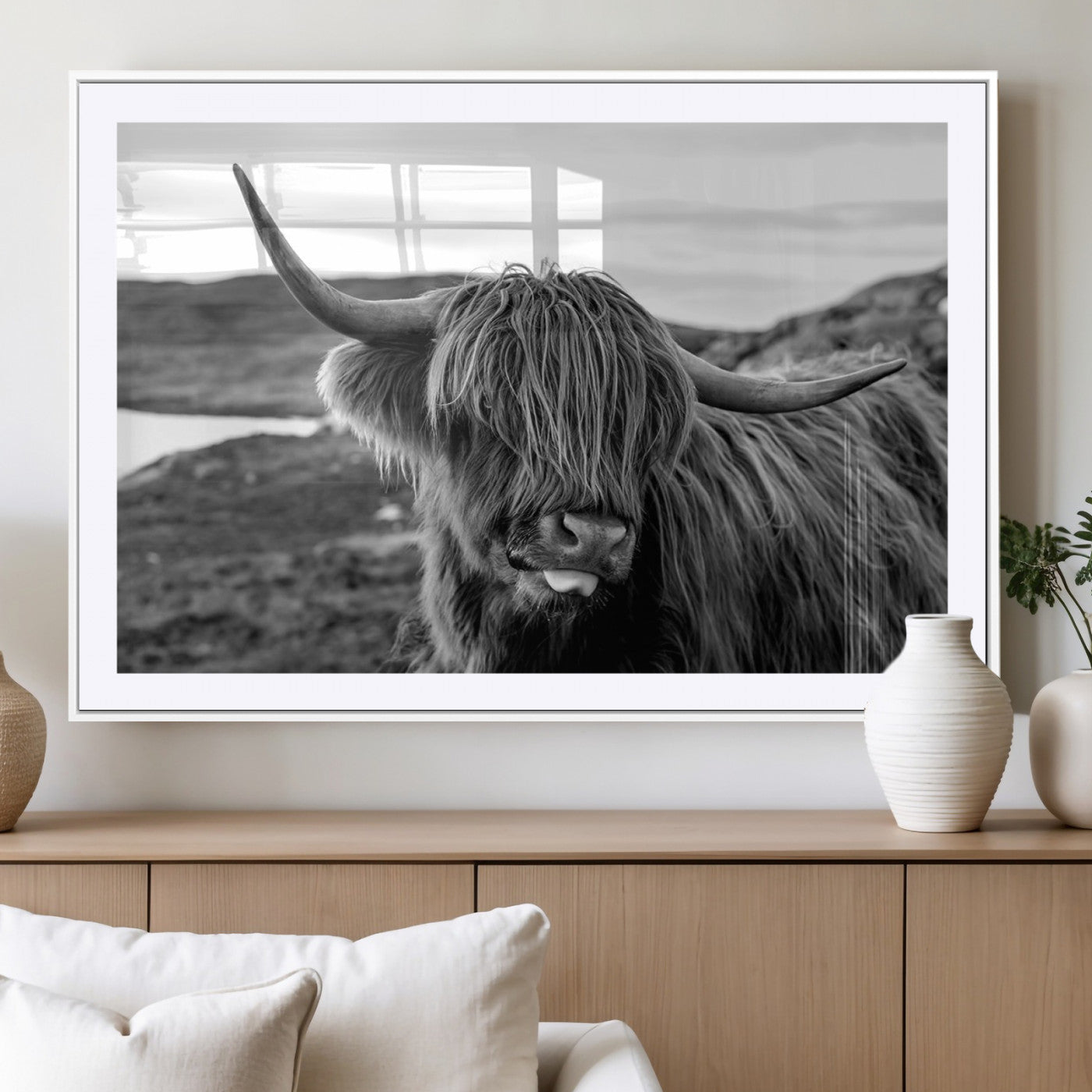 MGC-FP-36x24 - Longhorn Steer Canvas Print Wall Art, Highland Cow Canvas Wall Art – Black and White Animal Portrait