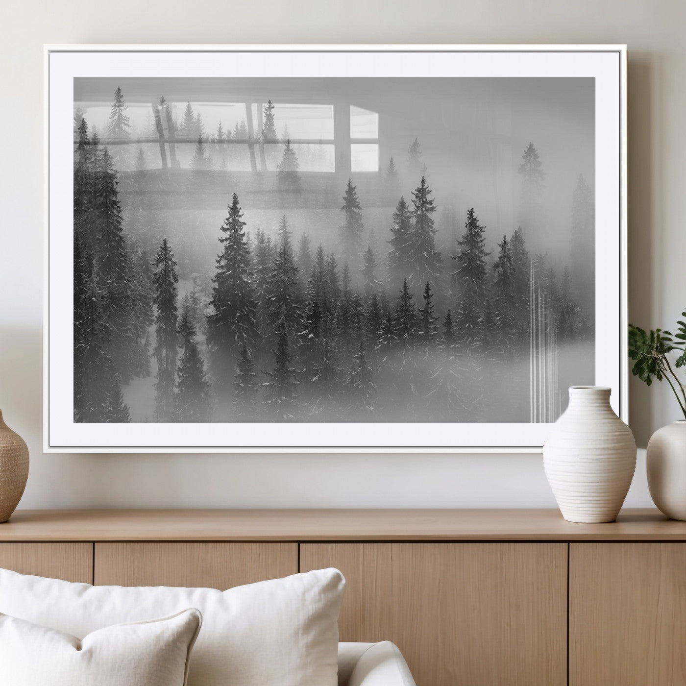 MGC-FP-36x24 - Black and White Forest Wall Art Print – Misty Pine Tree Canvas Print – Winter Woodland Nature Artwork – Perfect for Minimalist Home Decor