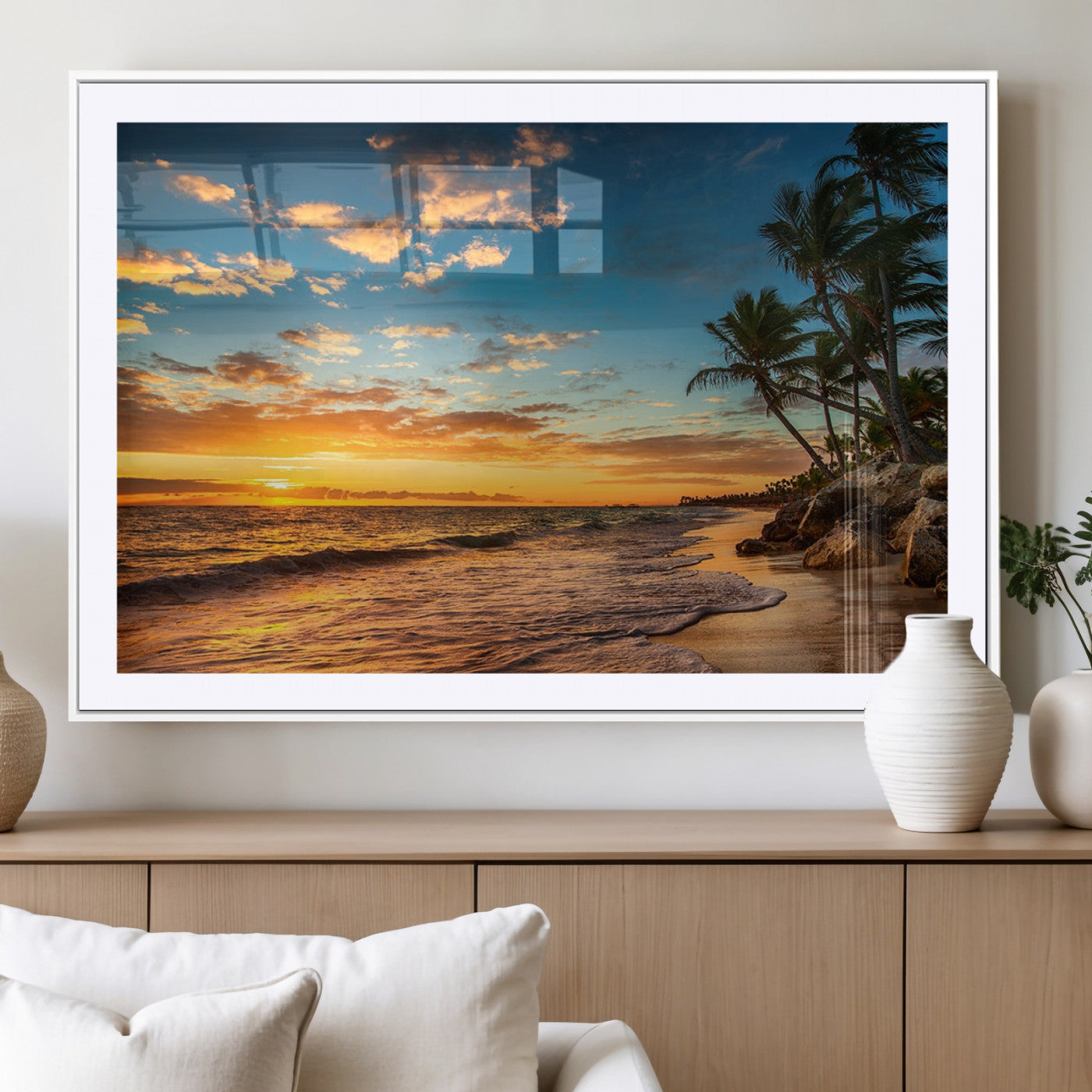 MGC-FP-36x24 - Tropical Beach Sunset Wall Art Print – Palm Tree Coastal Canvas Print – Ocean Seascape Artwork – Perfect for Tropical Modern Home Decor