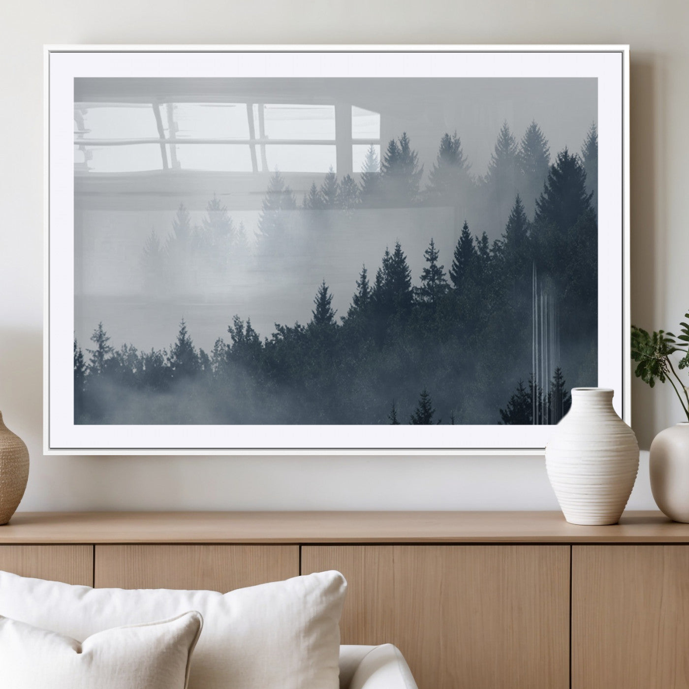 MGC-FP-36x24 - Misty Forest Wall Art Print – Foggy Pine Tree Canvas Print – Dark Woodland Nature Artwork – Perfect for Minimalist and Modern Home Decor