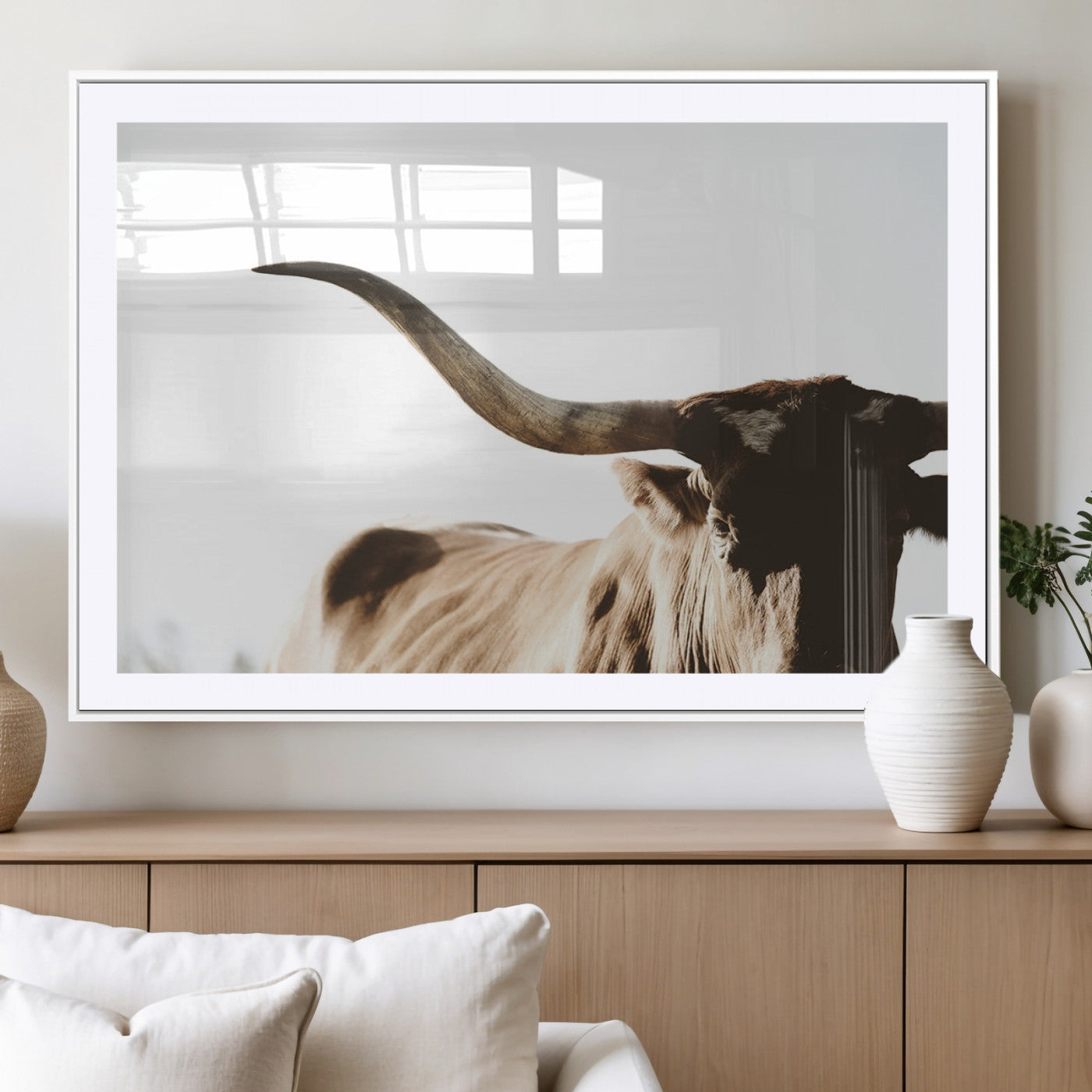 MGC-FP-36x24 - Texas Longhorn Wall Art Canvas Print | 3-Panel Large Longhorn Canvas Print for Living Room, Framed