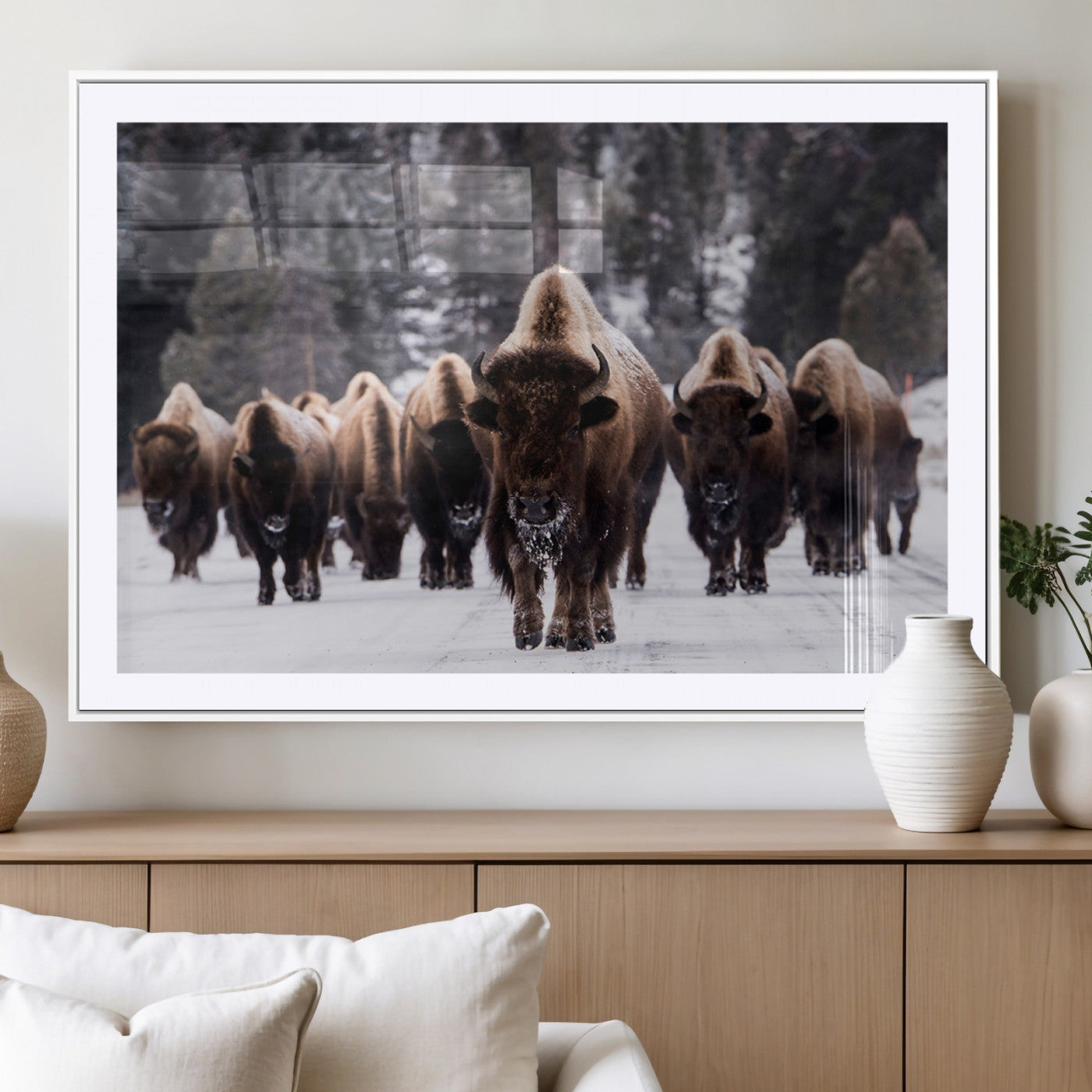 MGC-FP-36x24 - Bison Wall Art Canvas Print- Bison Herd Canvas Wall Art – Majestic Wildlife Photography – Framed and