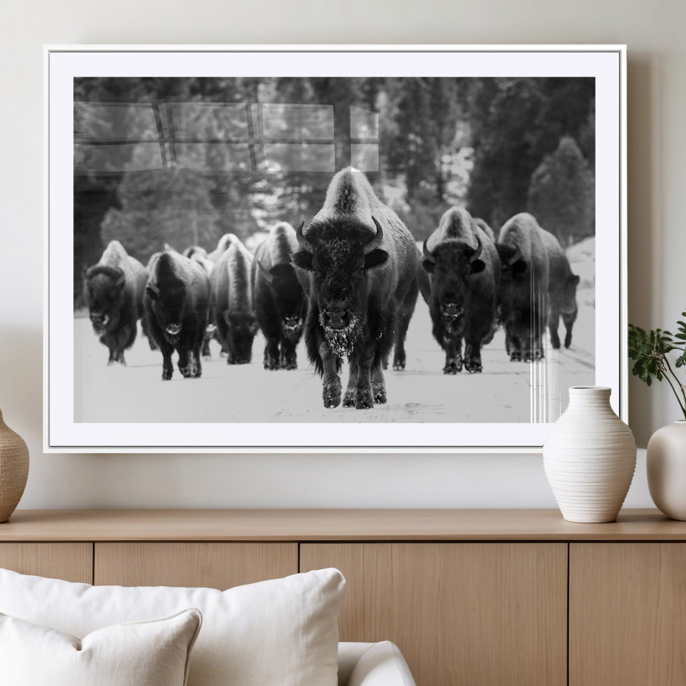 62434-MGV-CV-36X24 - Bison Herd in Snow Wall Art Canvas Print | Rustic Western Bison Wall Art for Decor for Living Room,