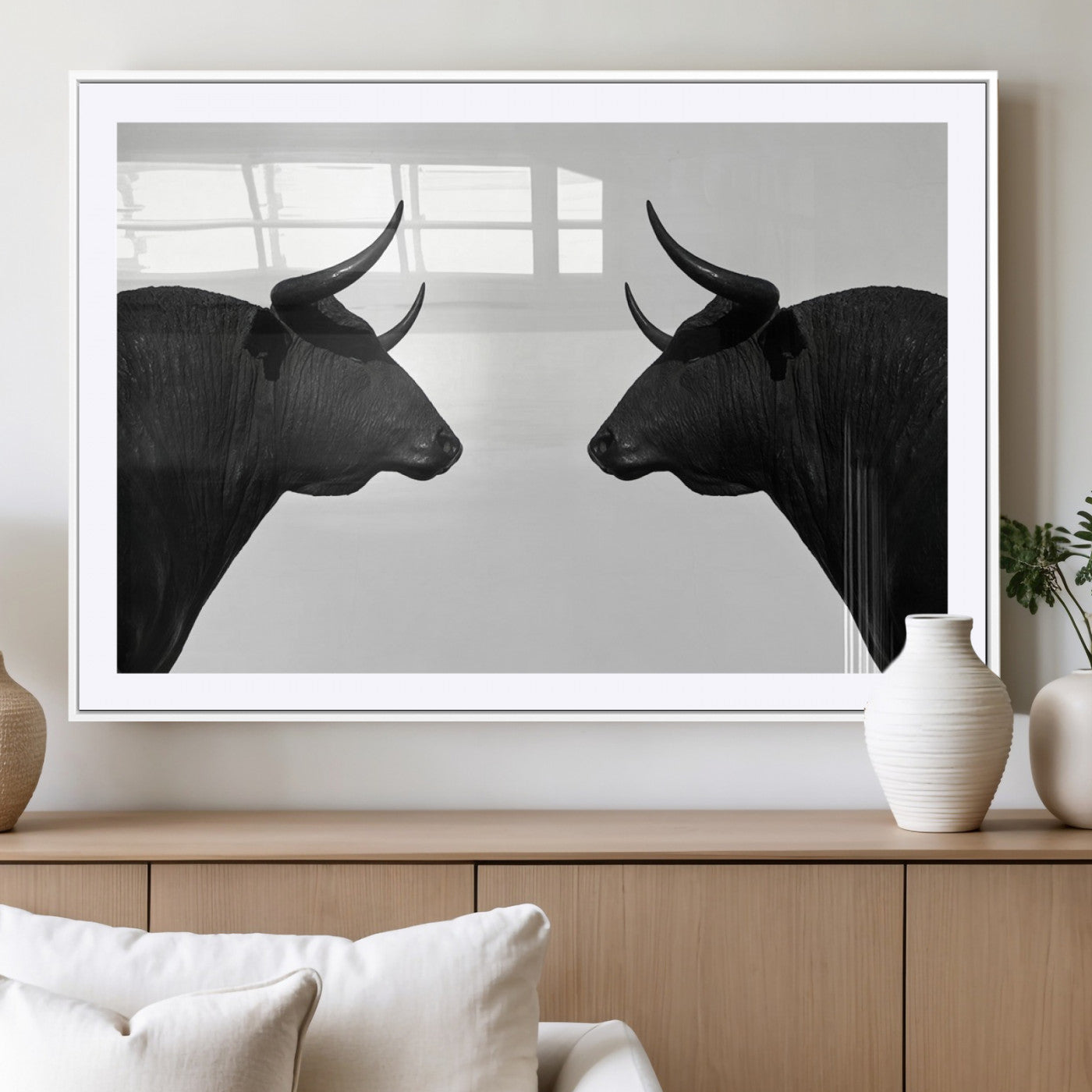 -Spanish Bull Art - Framed Black and White Bull Canvas Print for Modern Rustic Home or Office Decor