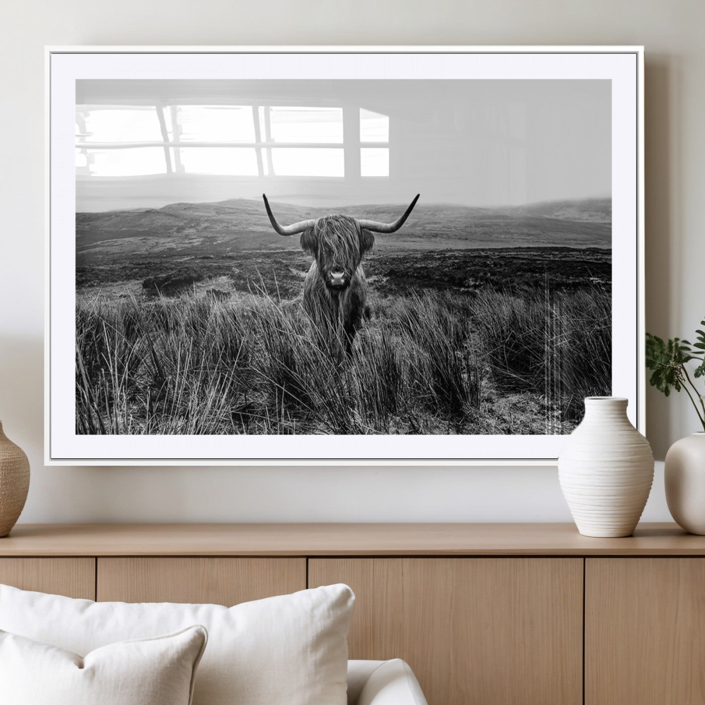 MGC-FP-36x24 - Black and White Highland Cow Canvas Wall Art, Longhorn Triptych Western Wall Decor for Cabin -