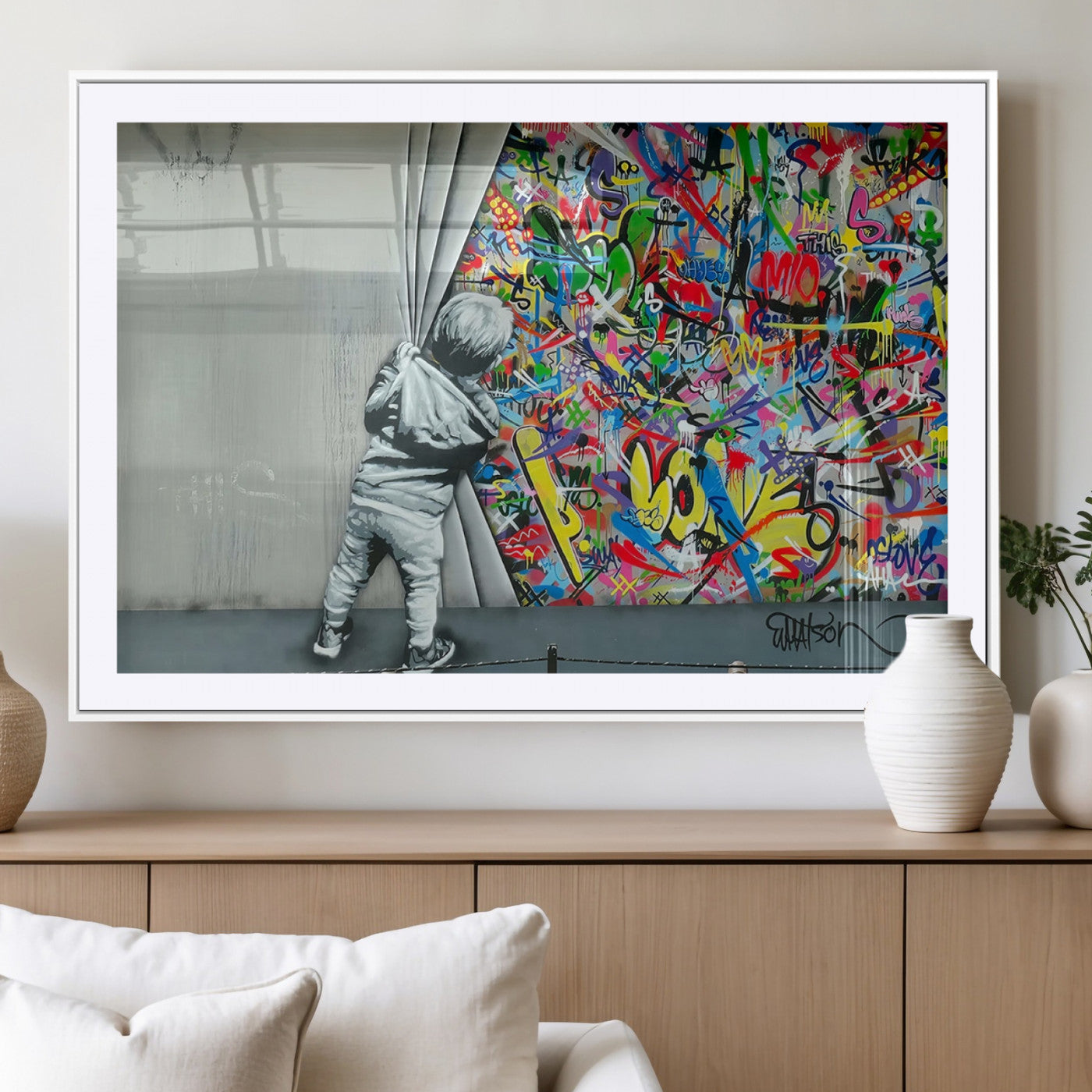 MGC-FP-36x24 - Banksy Colorful Street Graffiti Canvas Wall Art Print, Modern Art Triptych, Child and Graffiti Wall,
