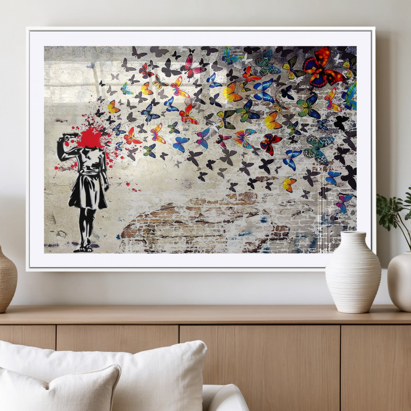 MGC-FP-36x24 - Banksy Art Butterfly Girl Explosion Canvas Art – Vibrant Urban Graffiti for Modern Interiors - Ready