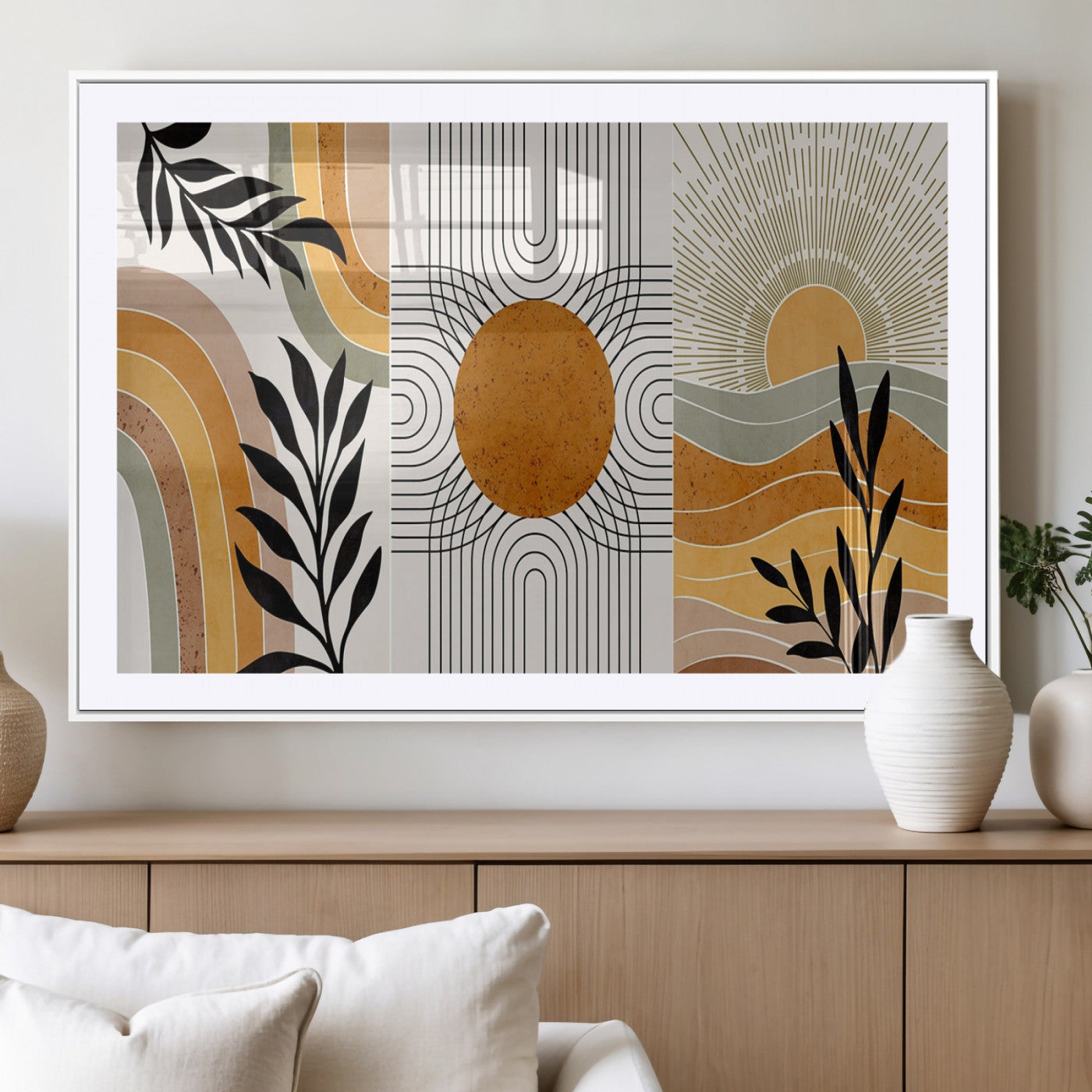 MGC-FP-36x24 - Modern Boho Sun and Leaf Abstract Art – 3-Panel Giclée Canvas for Mid-Century Modern or Bohemian
