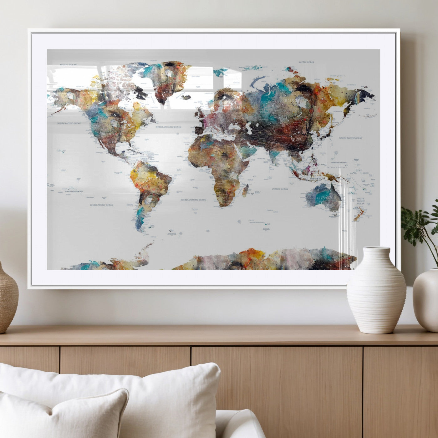 MGC-FP-36x24 - Push Pin World Map Canvas Print – Framed Wall Art for Couples to Track Their Travels – Anniversary