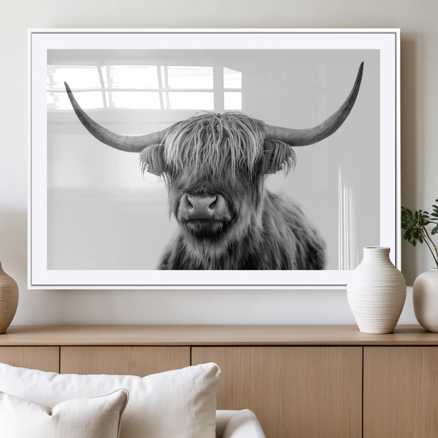 MGC-FP-36x24 - Grayscale Scottish Highland Cow Cattle Art Print Farmhouse Wall Art Canvas Print