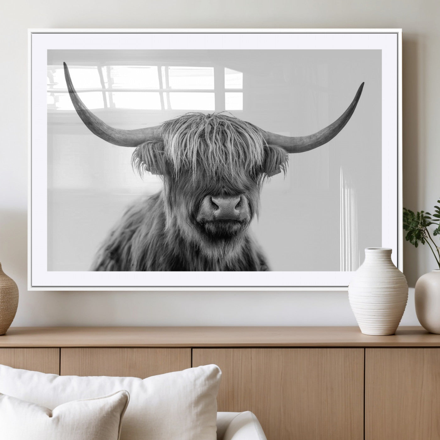 MGC-FP-36x24 - Scottish Highland Cow Cattle Art Print Wall Art Canvas Print for Farmhouse Decor, Framed Scottish