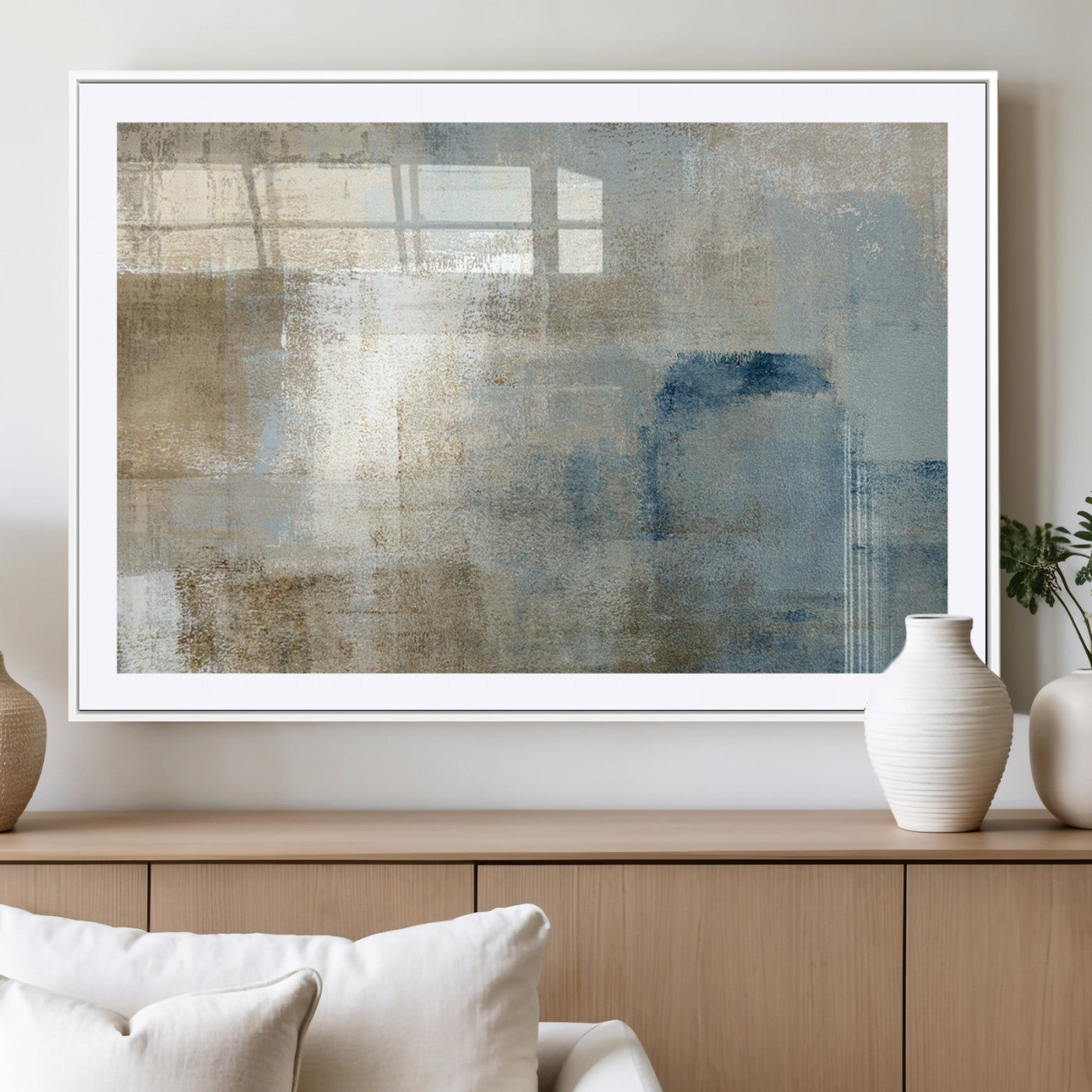 MGC-FP-36x24 - Abstract Blue and Beige Wall Art, Modern Minimalist Canvas Print Set, Giclee Textured Art, Large