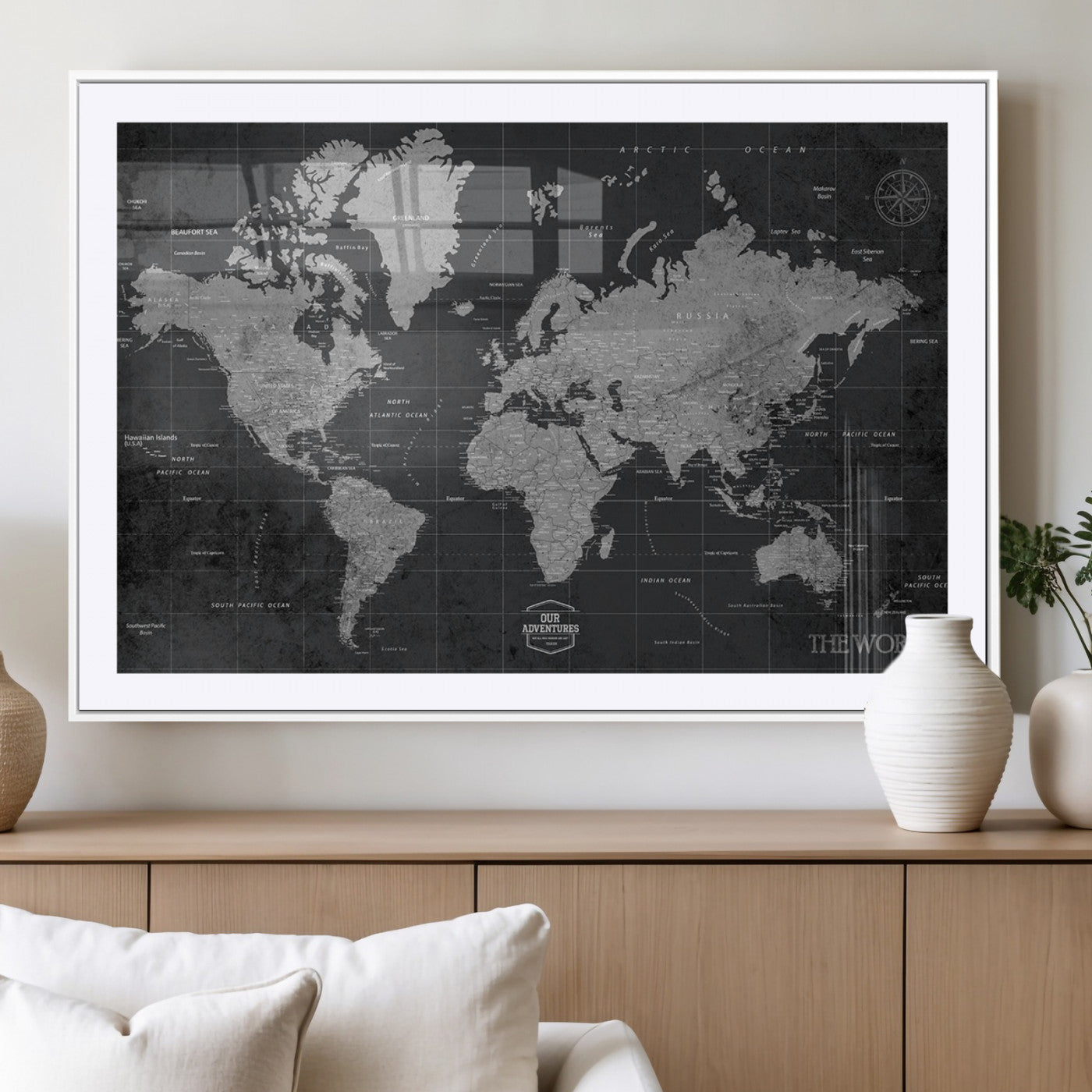 MGC-FP-36x24 - Push Pin World Map Canvas Print – Framed Wall Art for Couples to Track Their Travels – Anniversary