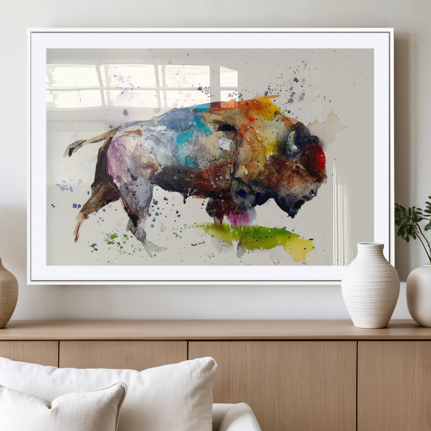 MGC-FP-36x24 - Abstract Buffalo Wall Art, Western Watercolor Bison Canvas Print, Rustic Buffalo Art for Cowboy and