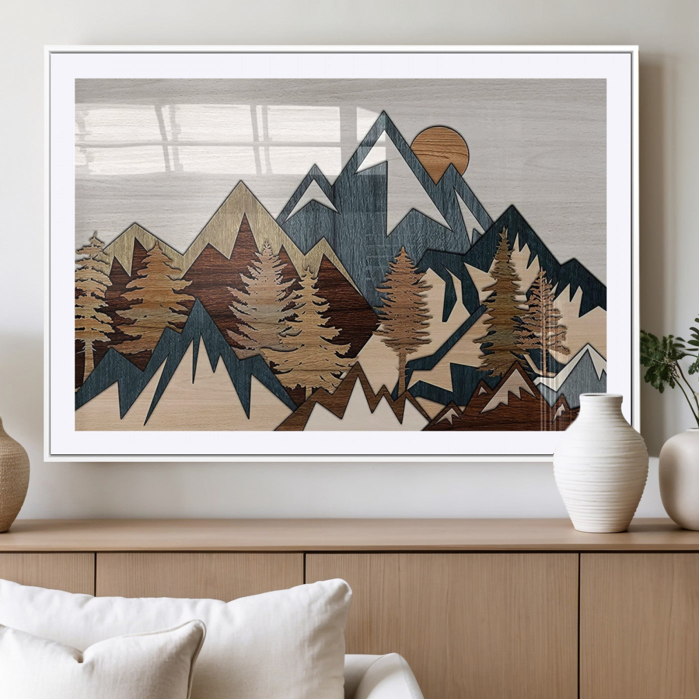 MGC-FP-36x24 - Woodland Mountain Landscape Triptych, Giclee Canvas Art for Modern Home, Rustic Wooden Nature Wall