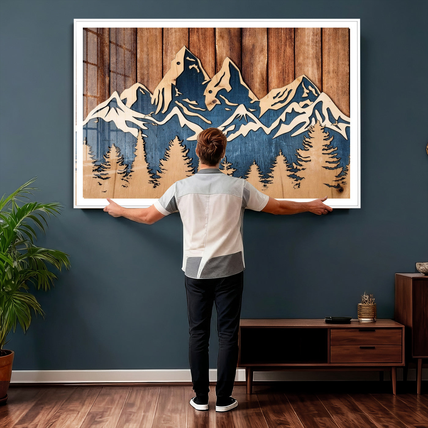 41330-MGV-CV-36X24 - Rustic Wood Style Mountain Wall Art, Nature Forest Canvas Print, Wooden Textured Mountain Artwork Print