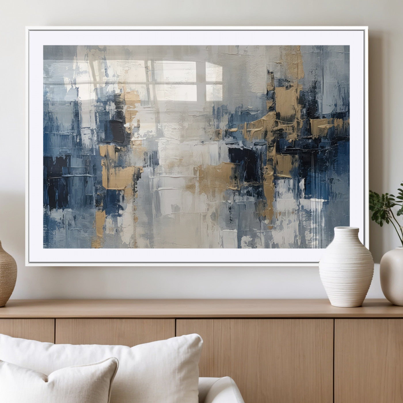-Modern Abstract Canvas Wall Art in Blue and Gold Tones | Large Contemporary Art for Living Room,