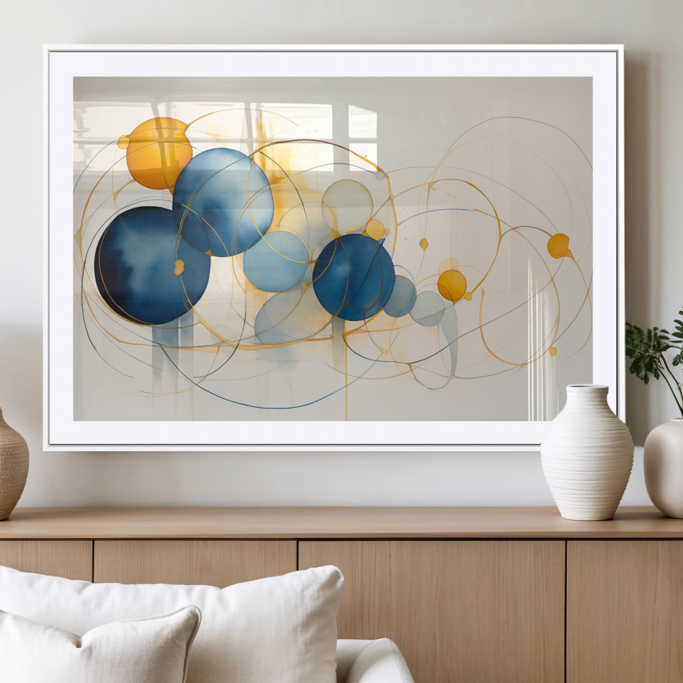 -Geometric Blue Orange Abstract Wall Art Canvas, Geometric Blue Orange Canvas Print