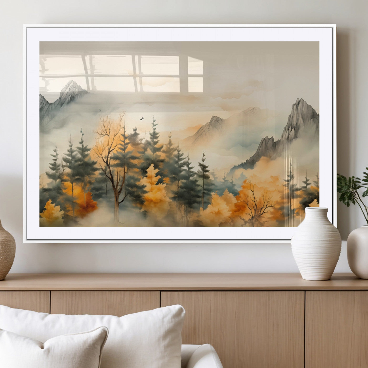 MGC-FP-36x24 - Abstract Watercolor Mountains and Trees Autumn Art, Watercolor Mountains and Trees Canvas Print