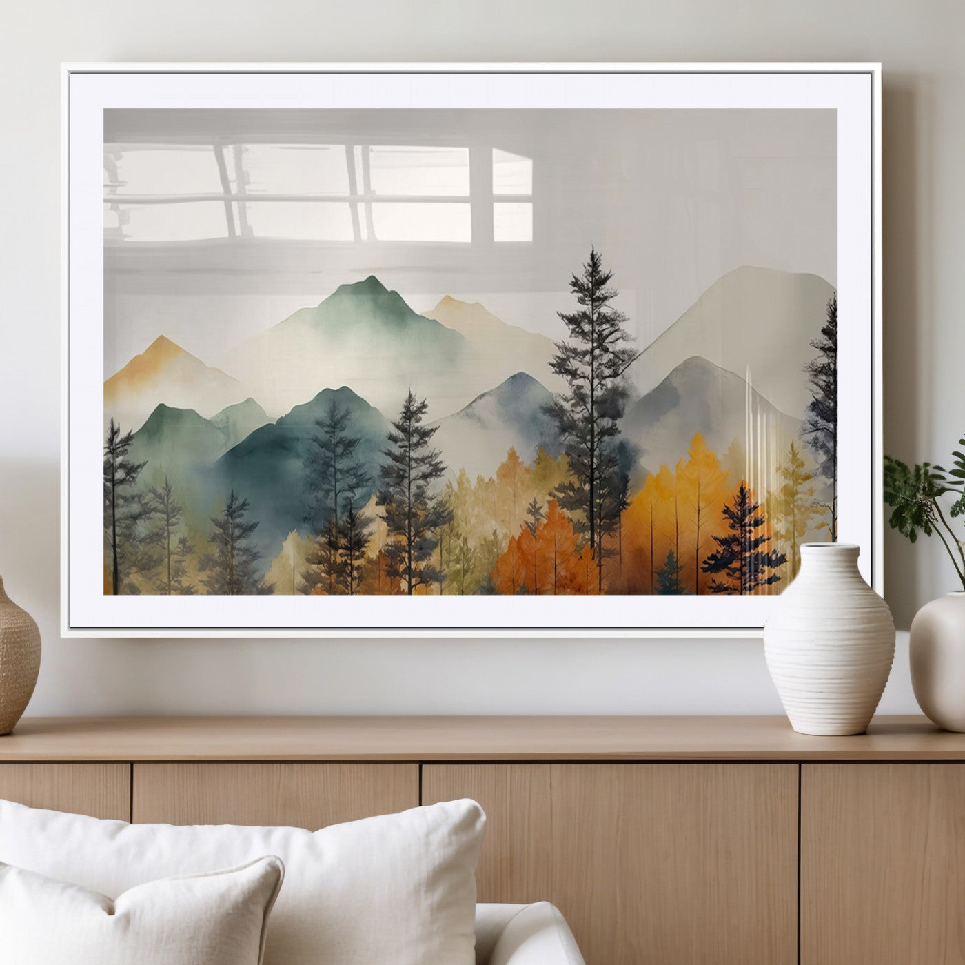 MGC-FP-36x24 - Abstract Watercolor Mountains and Trees Autumn Wall Art, Mountains and Trees Autumn Wall Art Canvas