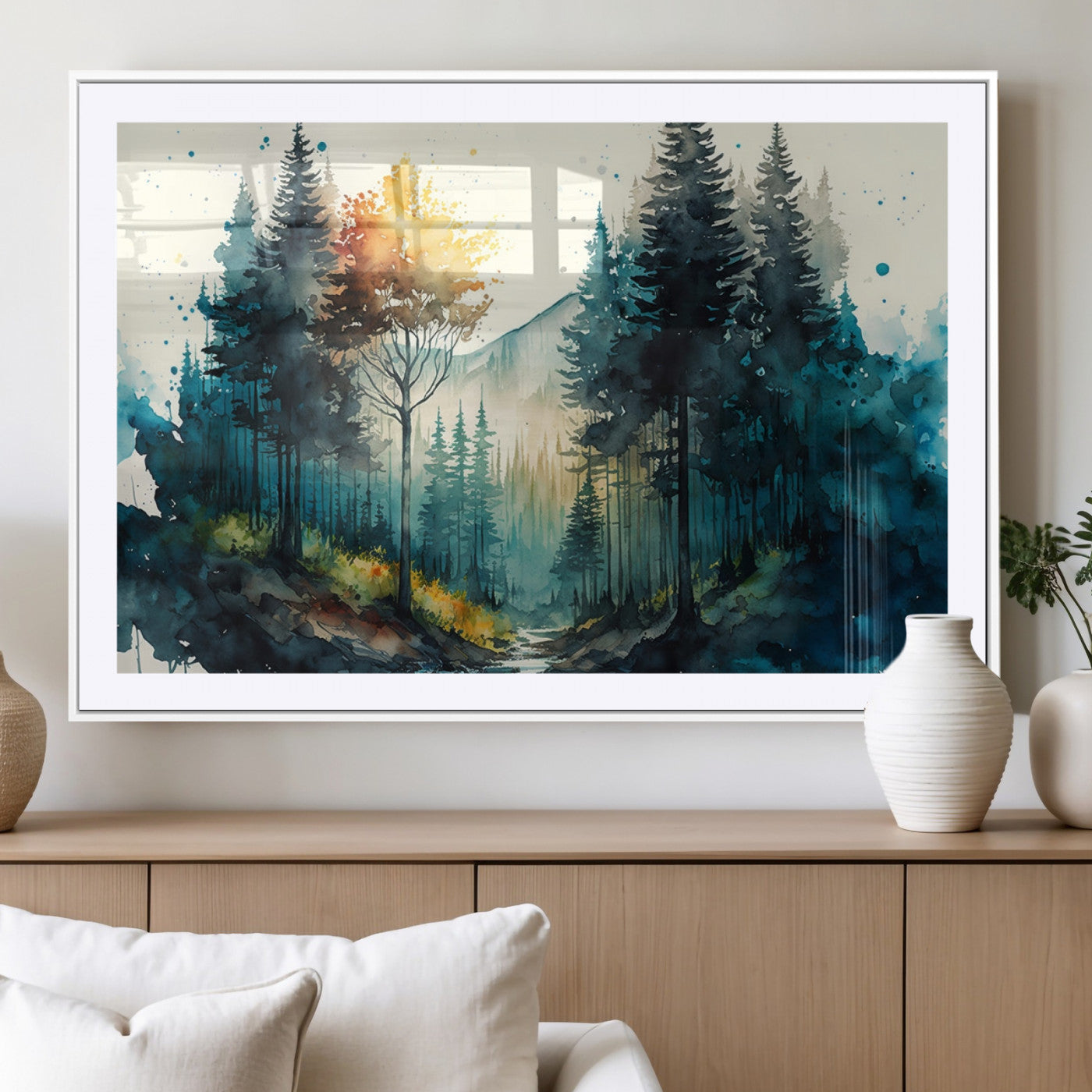 -Watercolor Trees Forest Abstract Wall Art Canvas Print, Framed Watercolor Trees Wall Art