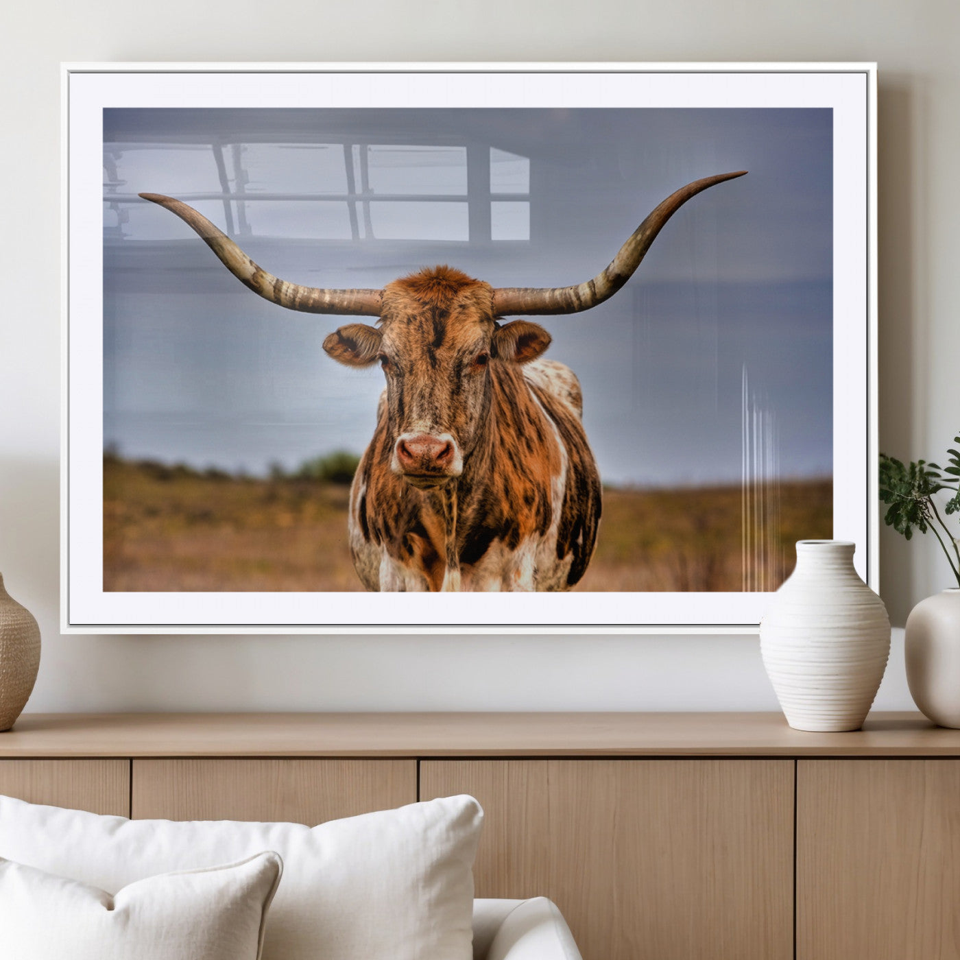 18594-MGC-FP-36x24_White-Texas Longhorn Wall Art Print, Framed Longhorn Cow Wall Art