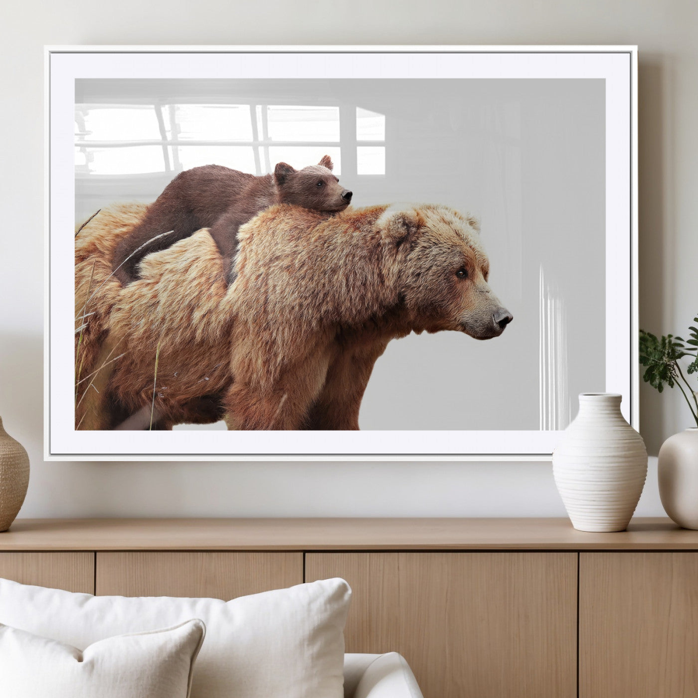 -Mother and Baby Bear Canvas Wall Art - Adorable Wildlife Animal Print, Cozy Rustic Decor for Living