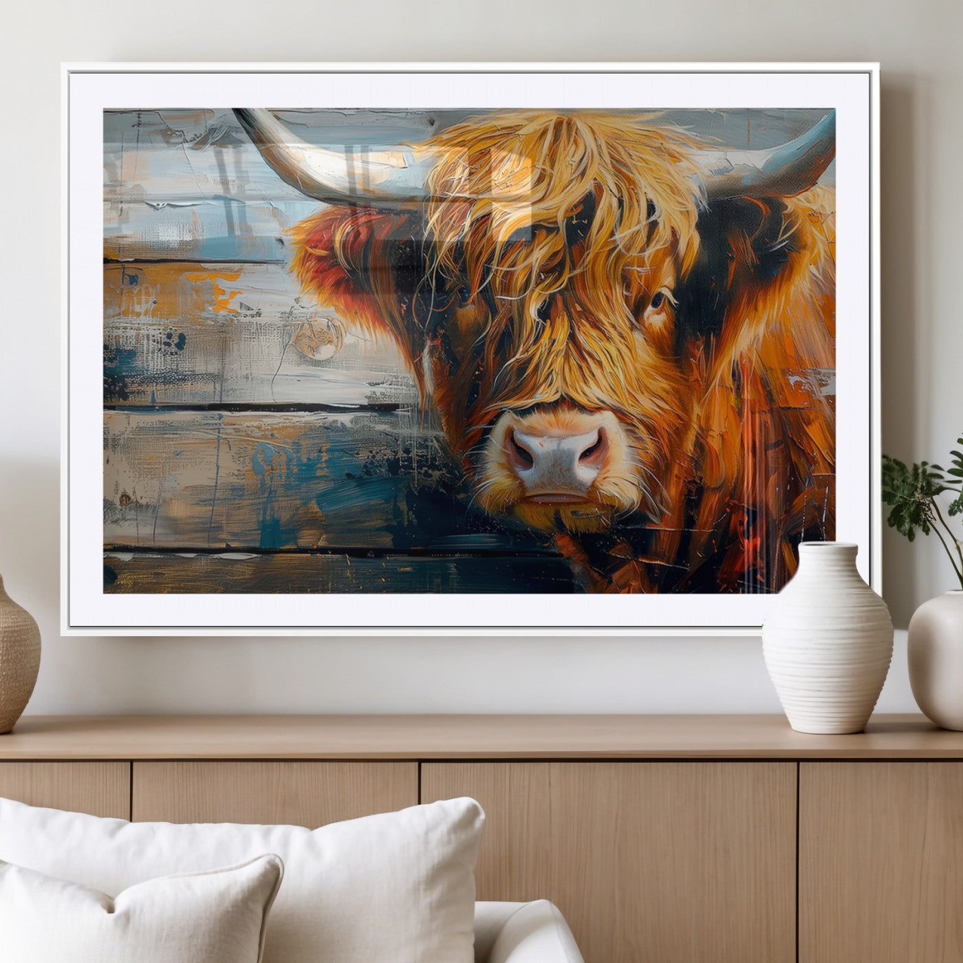 -Highland Cow Abstract Canvas Wall Art – Bold Farmhouse Rustic Decor – Ready to Hang
