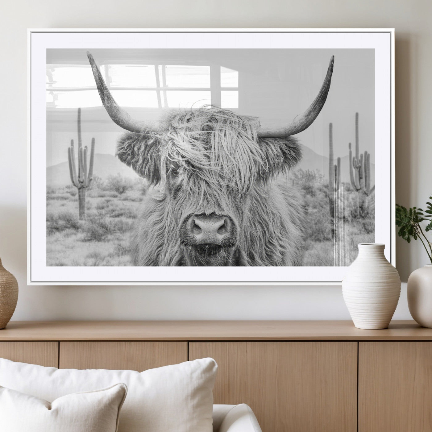 94579-MGC-FP-36x24_White-Rustic Charm | Cow Longhorn Black White Bighorn Wall Art Canvas Print | Farmhouse Wall Art