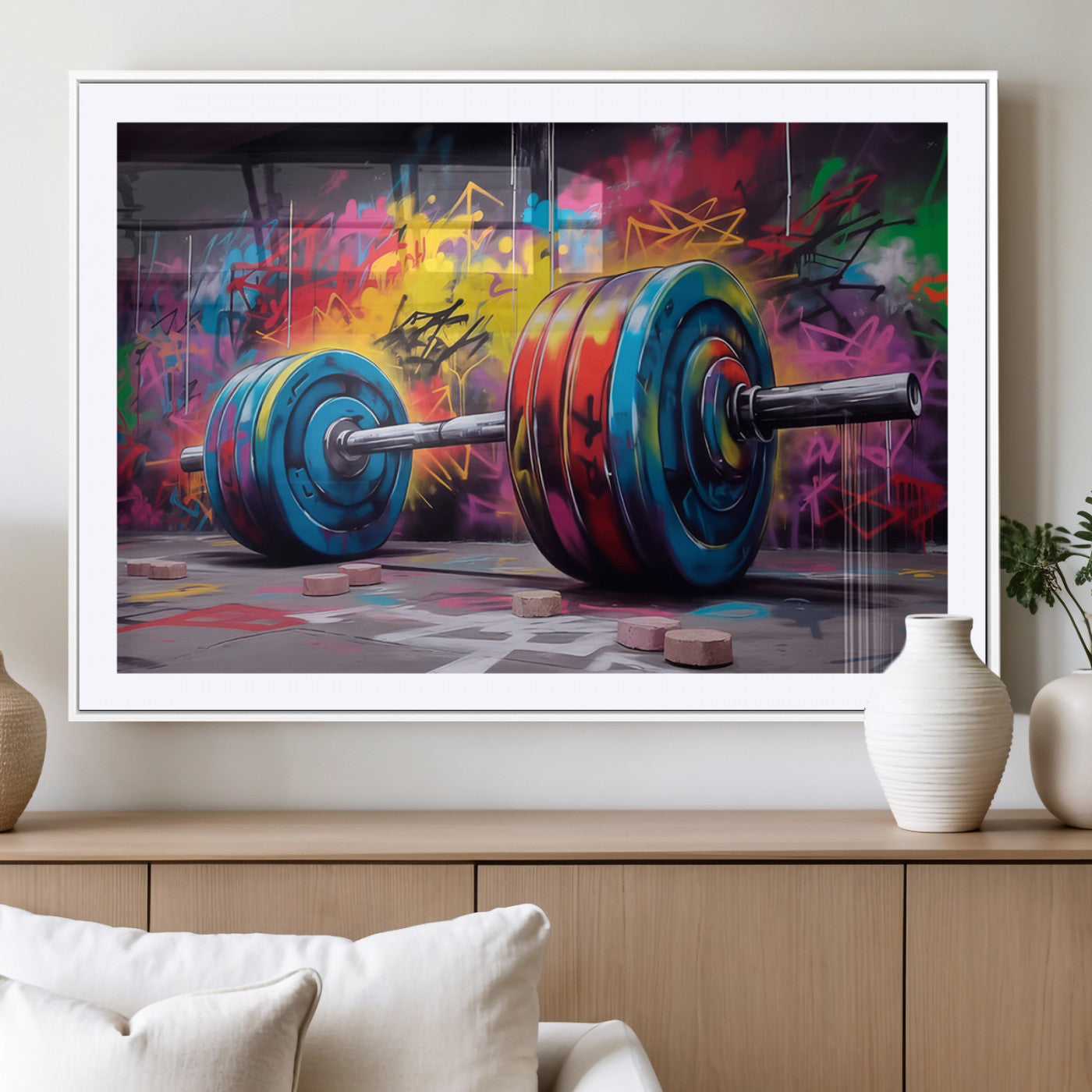 MGC-FP-36x24 - Abstract Graffiti Barbell Canvas Wall Art – Urban Fitness Meets Bold Street Art Print - Gym Wall Art