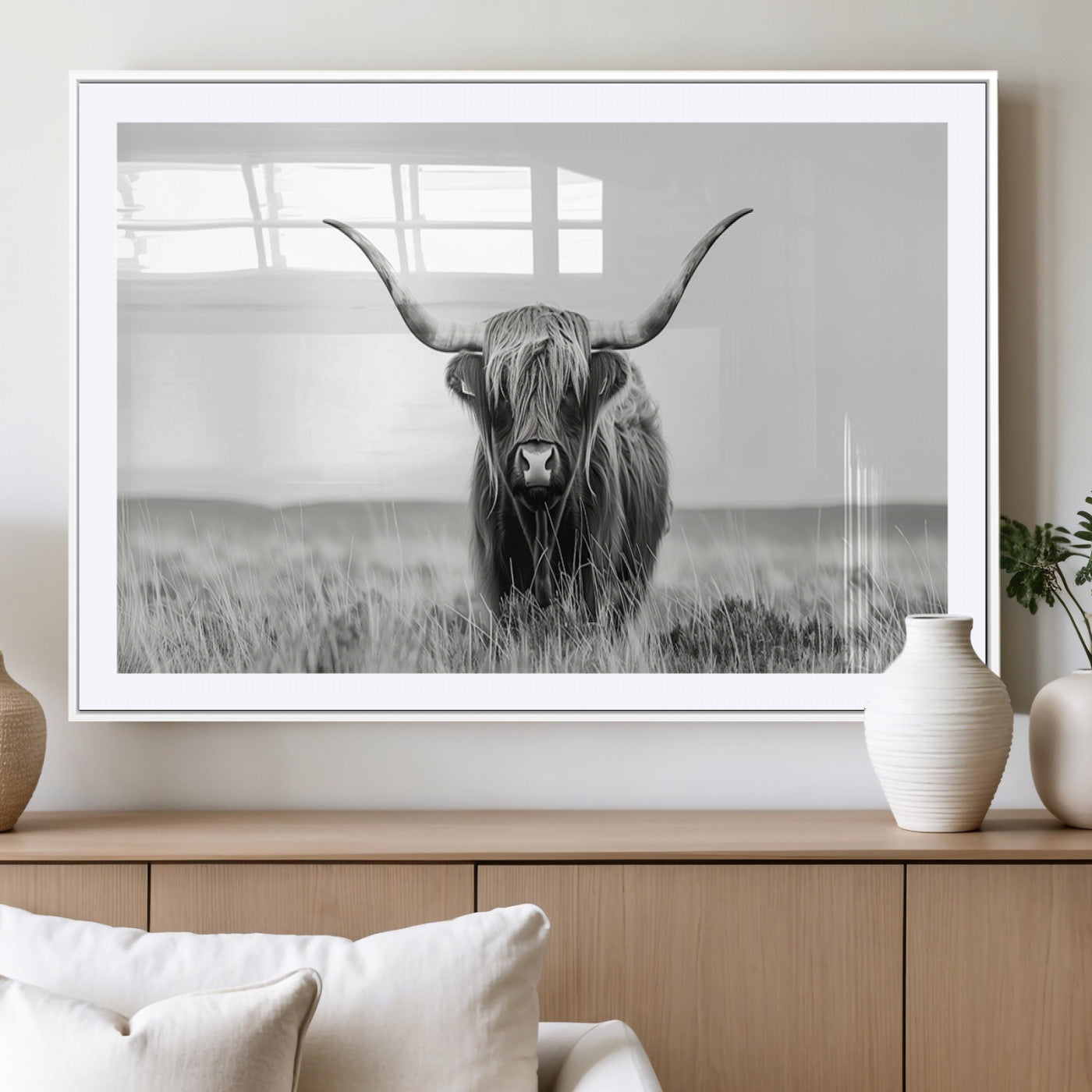 MGC-FP-36x24 - Highland Cow Canvas Wall Art – Majestic Beauty in Black and White
