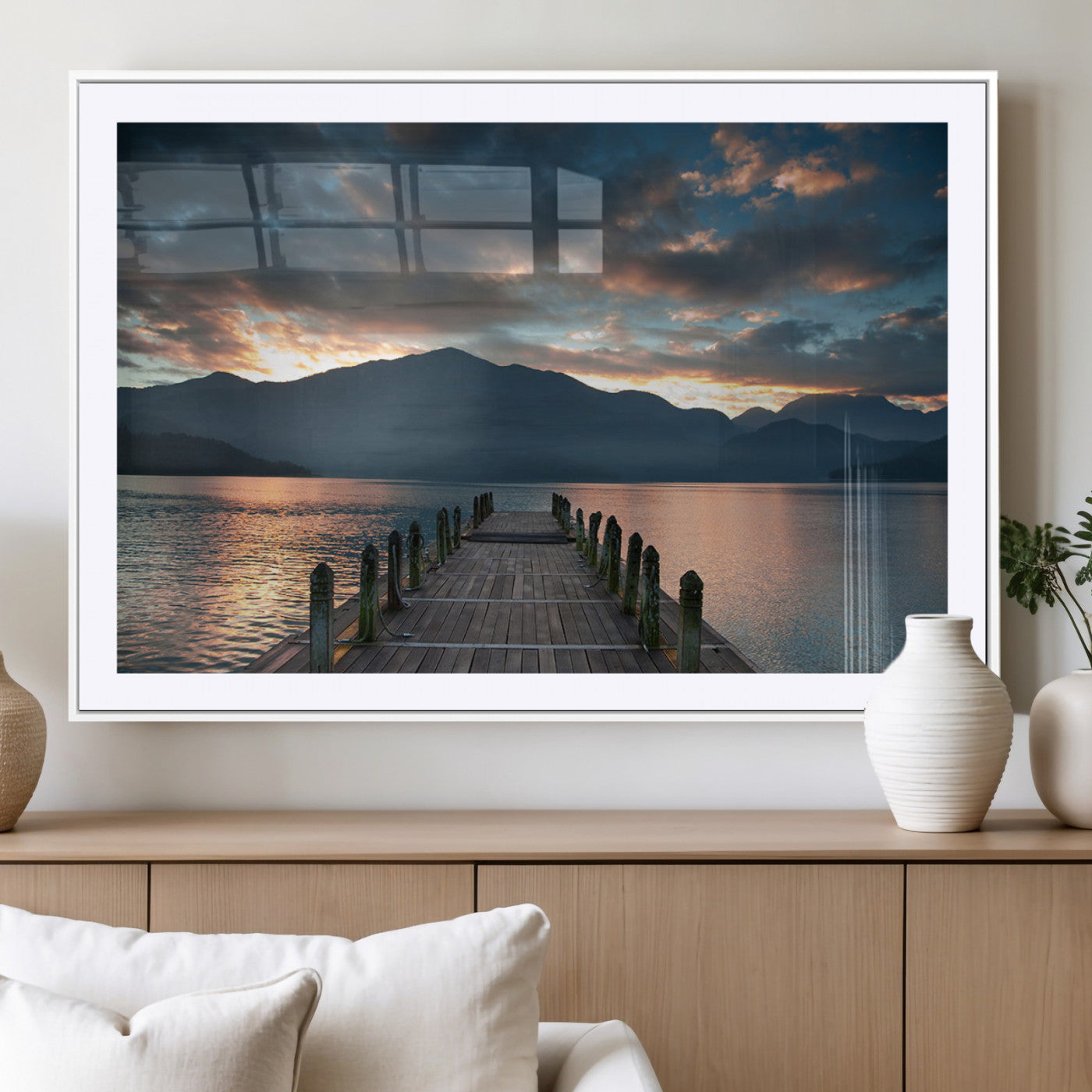 MGC-FP-36x24 - Mountain Lake Wood Pier Canvas Wall Art Nature Lake Print