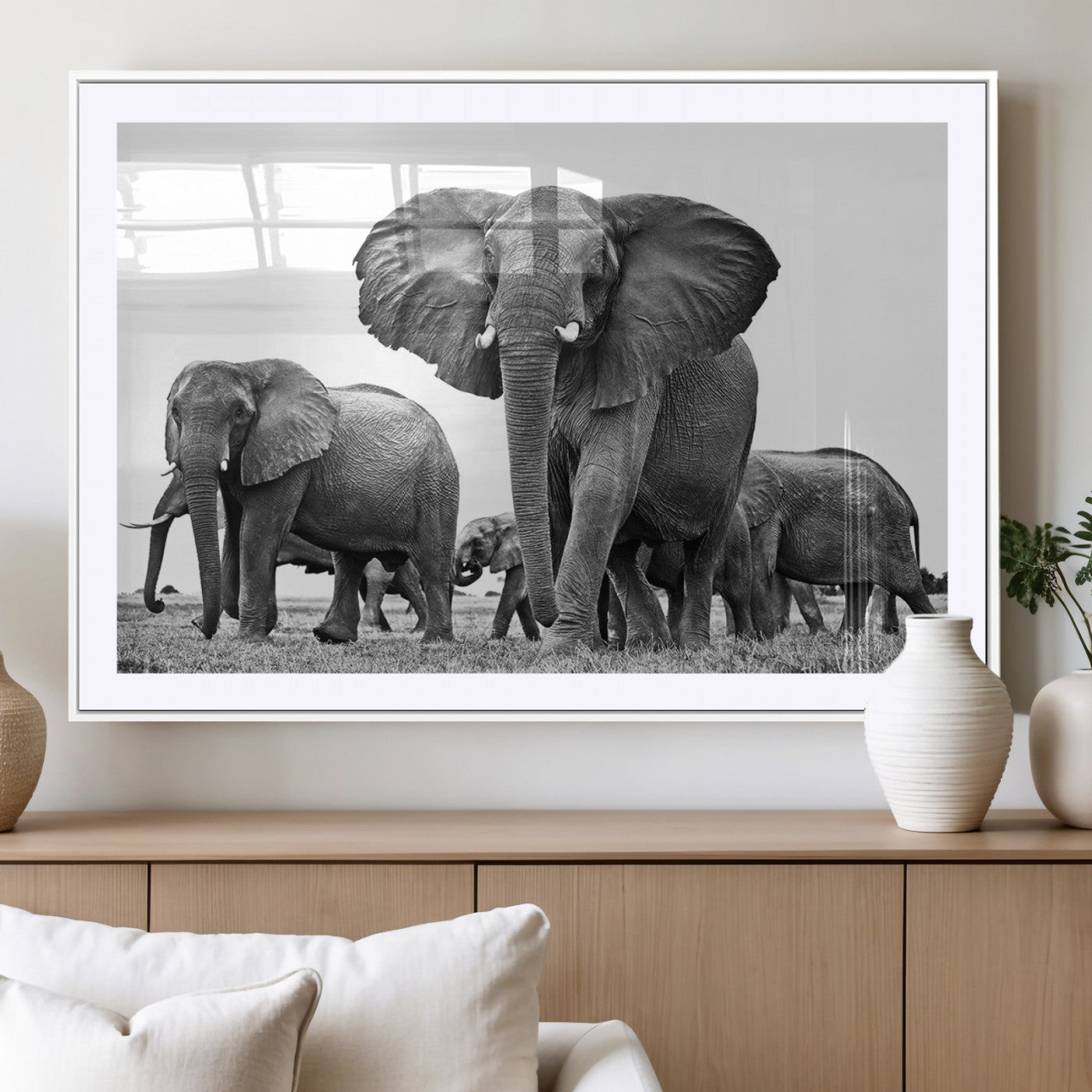 -Black White Elephant Family Wall Art Canvas Print