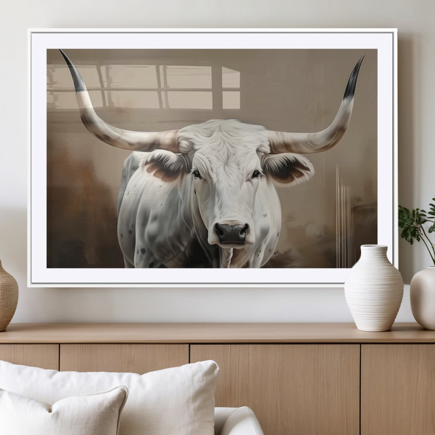 61423-MGC-FP-36x24_White-White Longhorn Bull Wall Art Canvas Print – Framed and Ready to Hang – Perfect for Farmhouse and