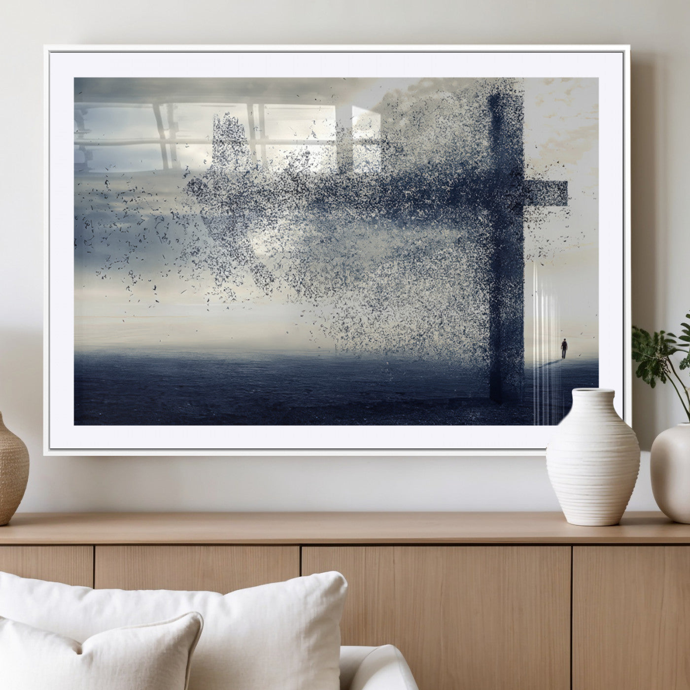 MGC-FP-36x24 - Jesus and the Fading Cross Wall Art Print – Symbol of Faith, Christian Wall Art Canvas Print, Framed
