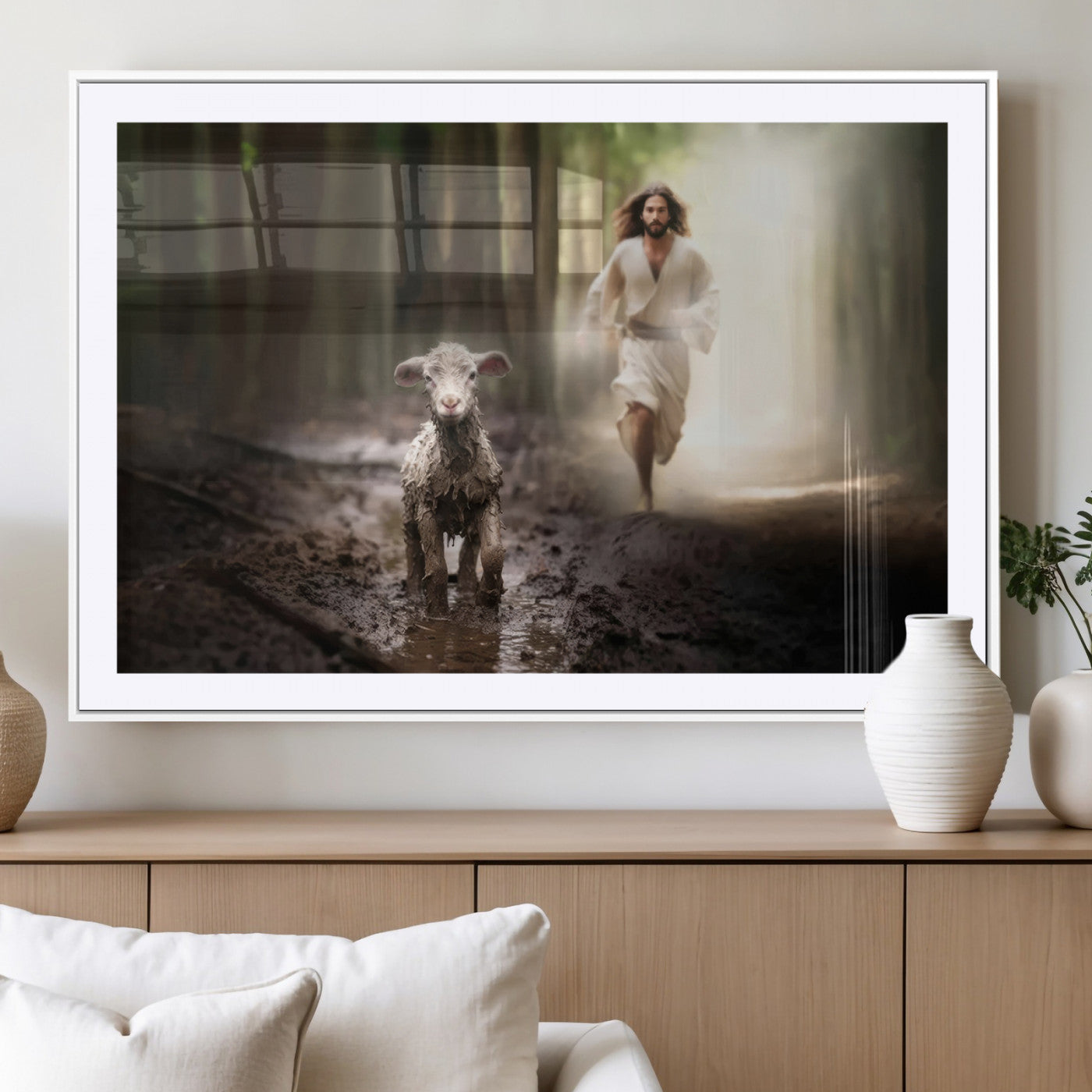 MGC-FP-36x24 - Jesus Canvas Wall Art - Jesus Running After Lost Lamb, Jesus, Christian Home Decor - Church Wall Art